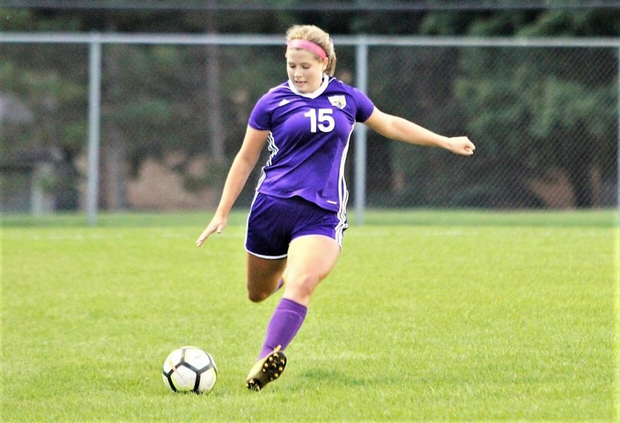 Chaska's Lily Smalley prepares to launch one of her three free kick goals in the Hawks' 4-3 overtime victory over Chanhassen.