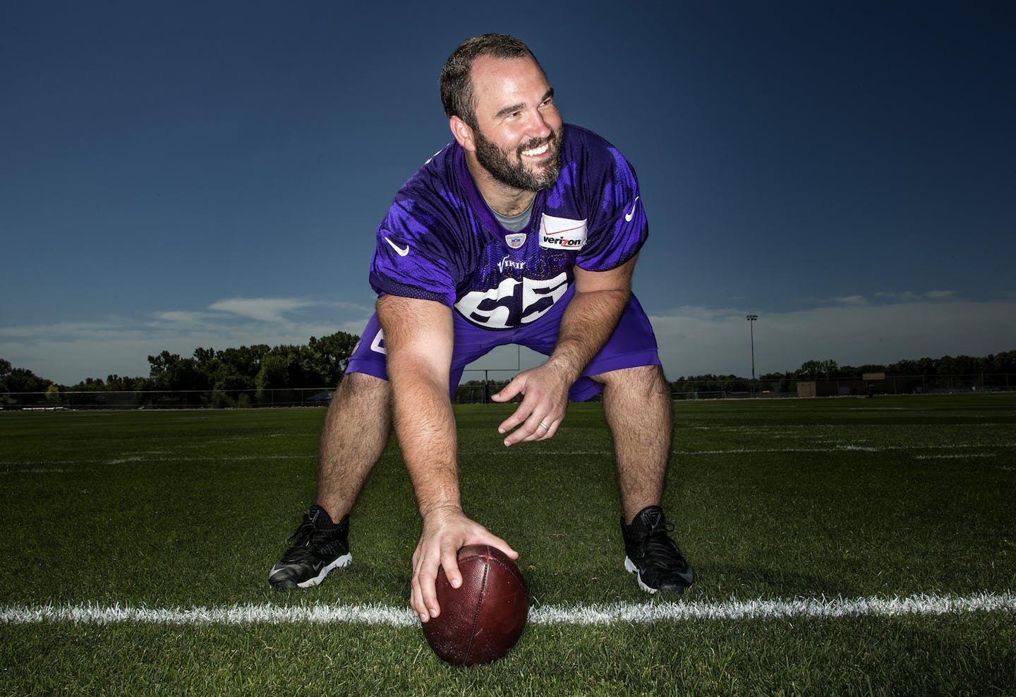 Vikings center John Sullivan flashed a smile as he posed for a photo last August at training camp in Mankato, before his 2015 season was derailed by a pair of back surgeries. Sullivan says he should be fresh in 2016 after his year away.