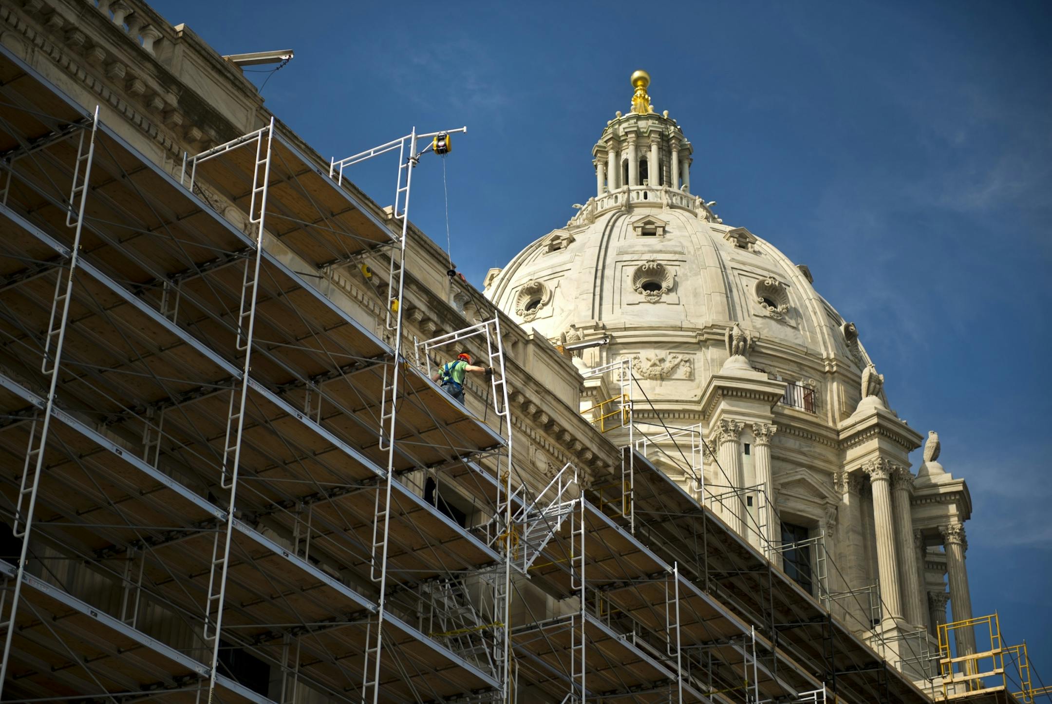 The exterior of the Minnesota State Capitol is covered in scaffolding for a huge renovation project. Tuesday, May 7, 2013
