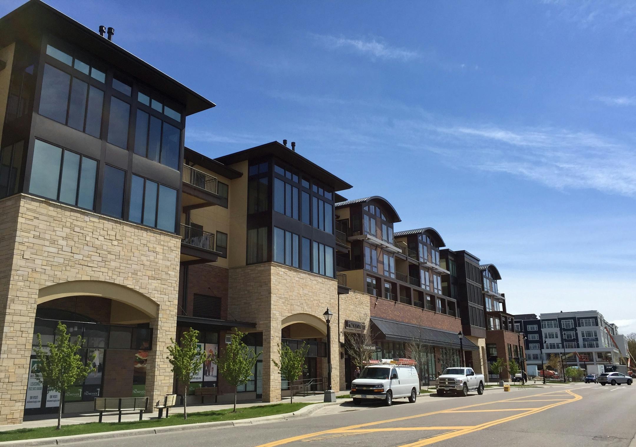 The $342 million redevelopment project, the Promenade of Wayzata, replaced the Wayzata Bay Center. In June 2017, The Landing hotel (far right) will open, marking the fifth and final block in the project.