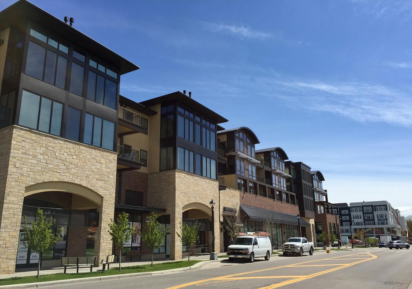 The $342 million redevelopment project, the Promenade of Wayzata, replaced the Wayzata Bay Center. In June 2017, The Landing hotel (far right) will open, marking the fifth and final block in the project.