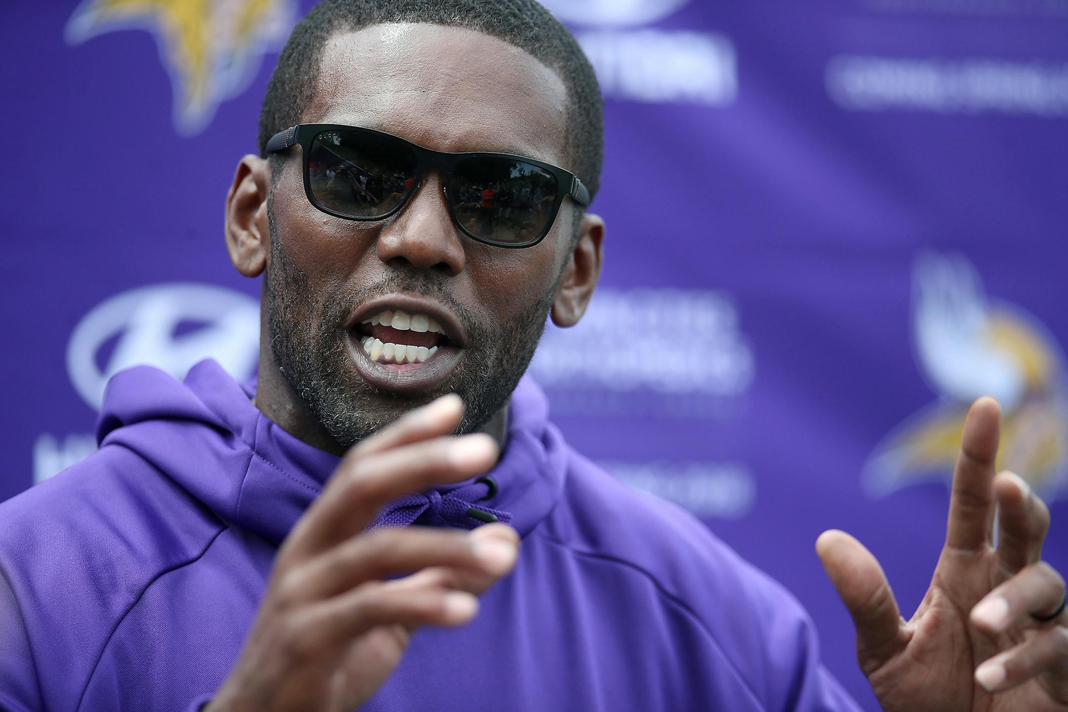 Former Minnesota Viking Randy Moss addressed the media during a press conference on the practice field at Winter Park, Wednesday, June 14, 2017 in Eden Prairie, MN.