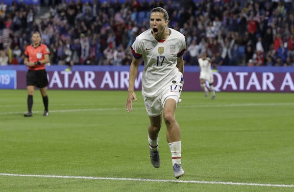 Tobin Heath celebrates after scoring the U.S. team's second goal in against Sweden in the Women's World Cup Group F soccer match on Thursday in Le Hav