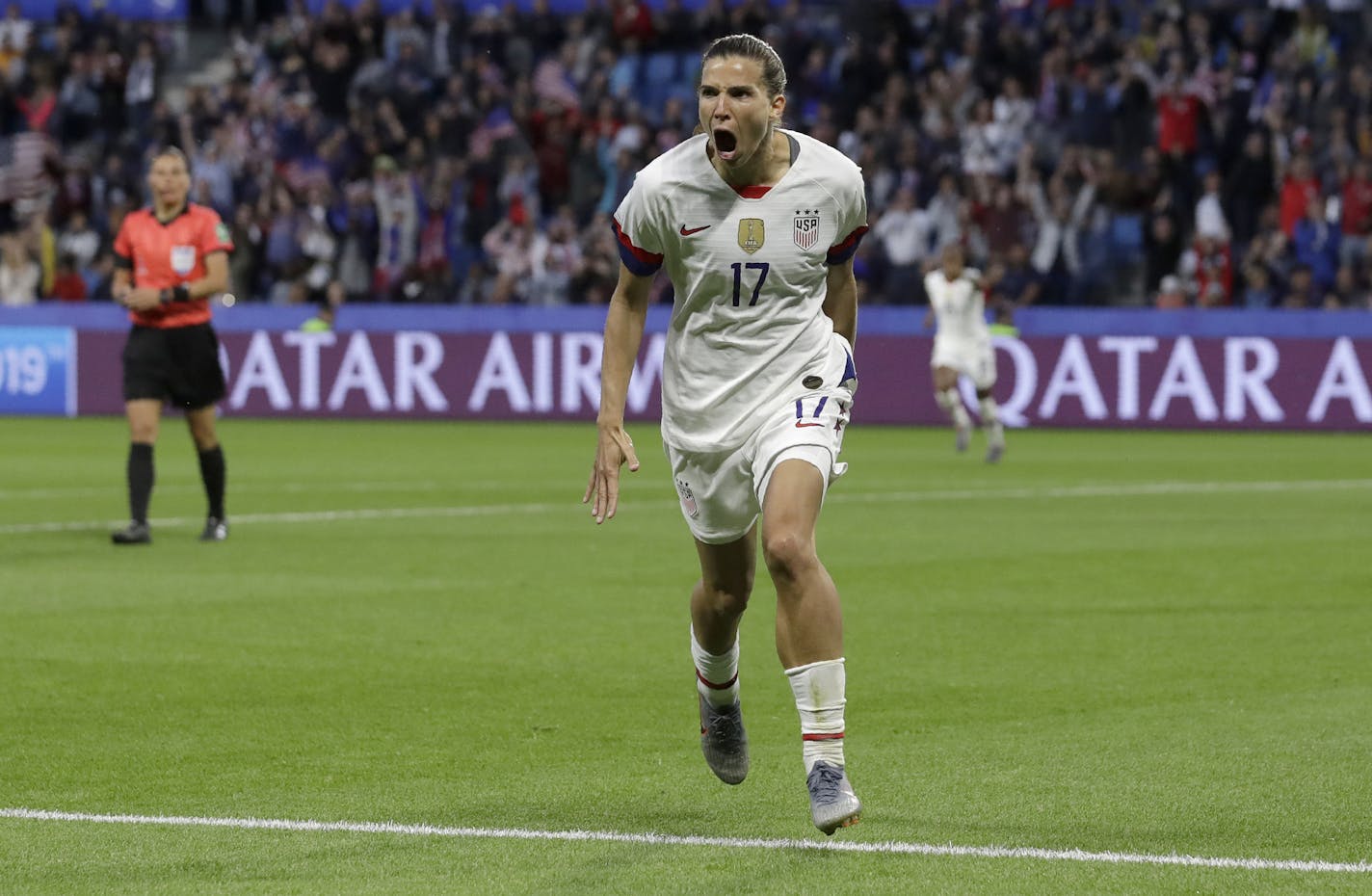 Tobin Heath celebrates after scoring the U.S. team's second goal in against Sweden in the Women's World Cup Group F soccer match on Thursday in Le Havre, France.