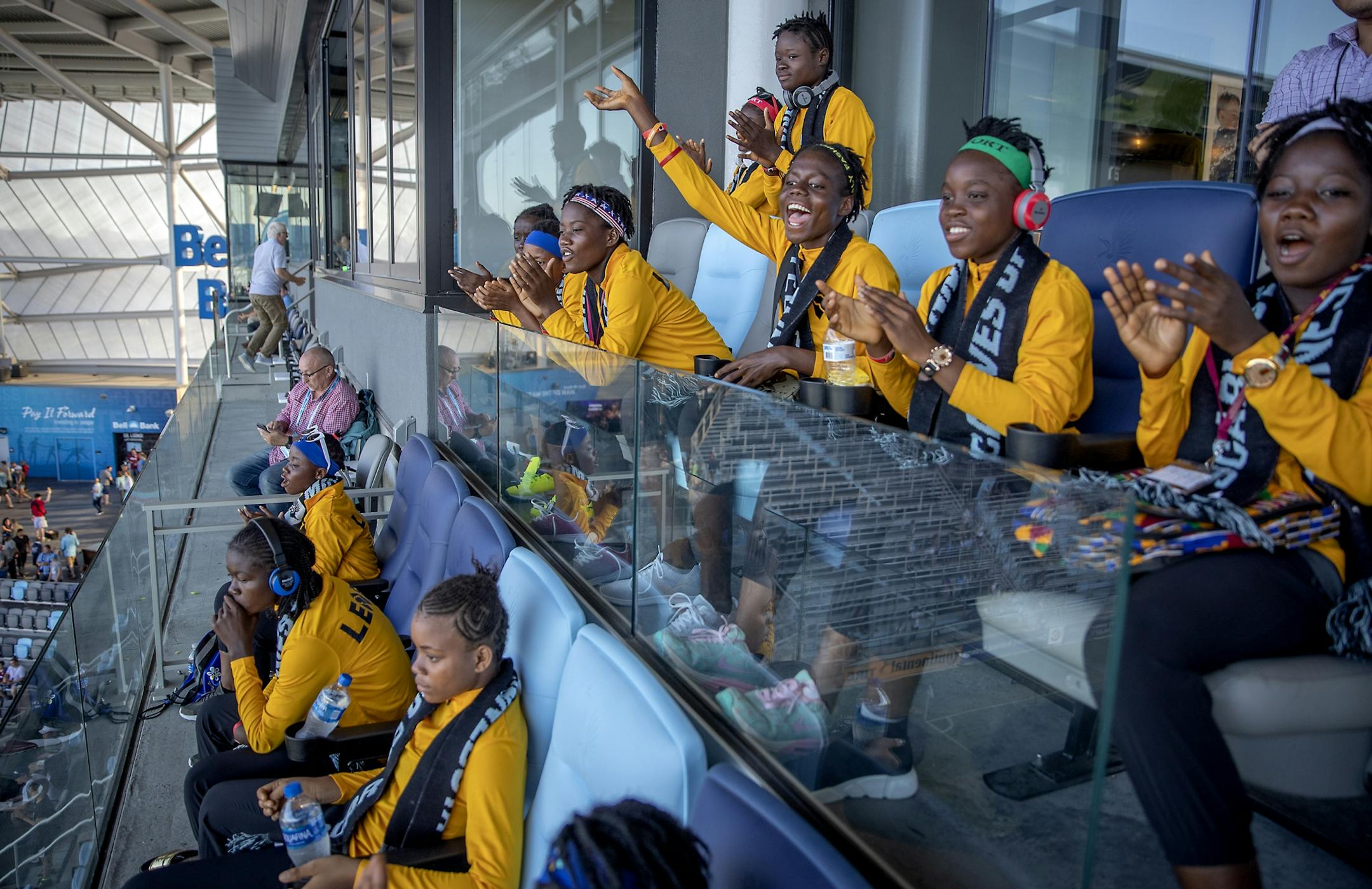Monrovia Football Academy's U15 team cheered on the Minnesota United Loons during a friendly game from a suite the team gave them at Allianz Field, Wednesday, July 18, 2019 in St. Paul, MN.