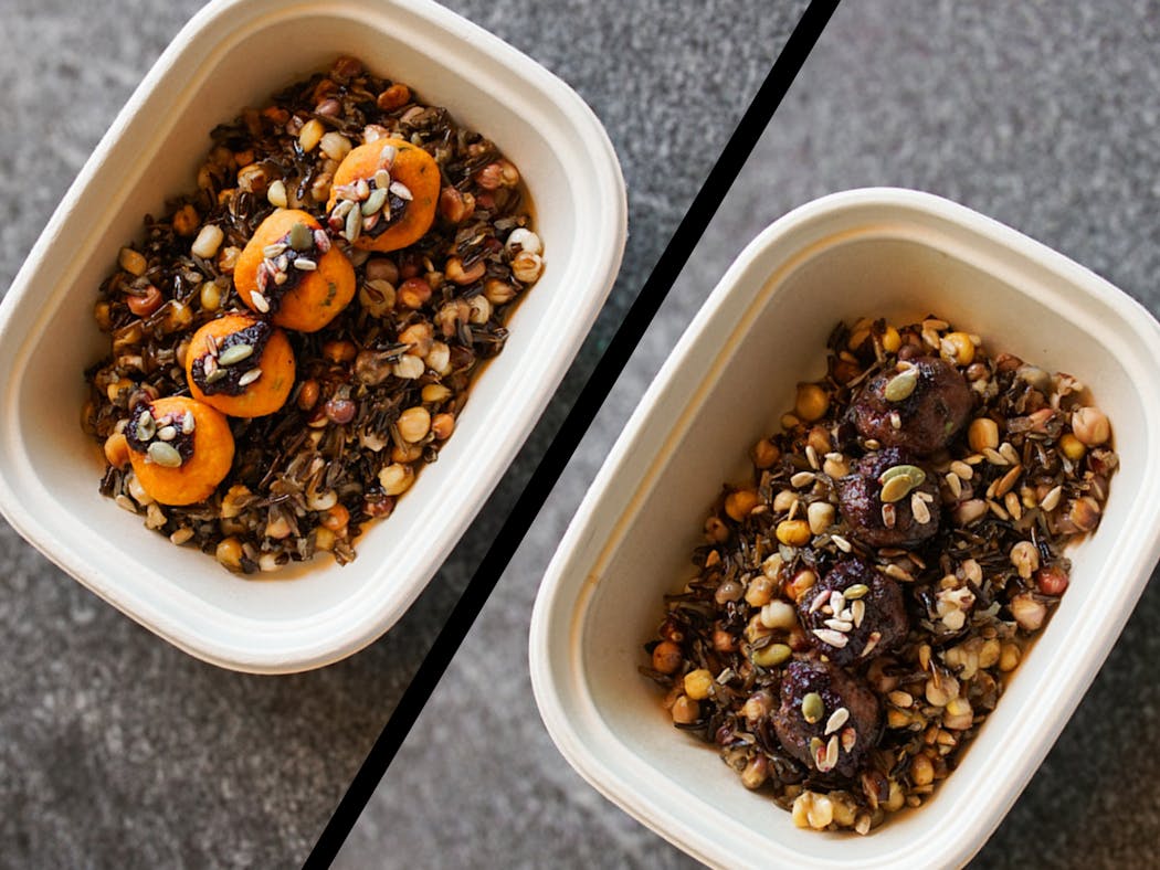 Midtown Global Market's Indigenous Food Lab's Nixtamal and Wild Rice Bowl with Wóžapi and Bison Meatballs or sweet potato dumplings.