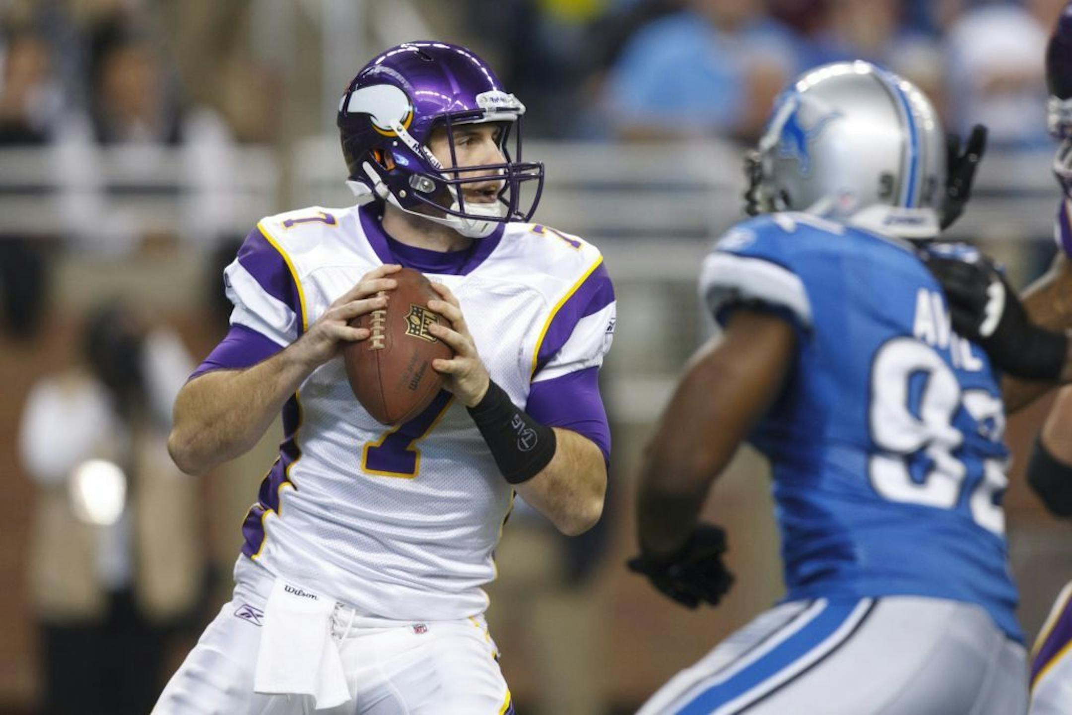 Vikings quarterback Christian Ponder dropped back to pass in the first quarter in a 34-28 loss to the Lions in Detroit on Sunday.