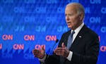 President Joe Biden speaks as he participates in the first presidential debate of the 2024 elections with former President and Republican presidential