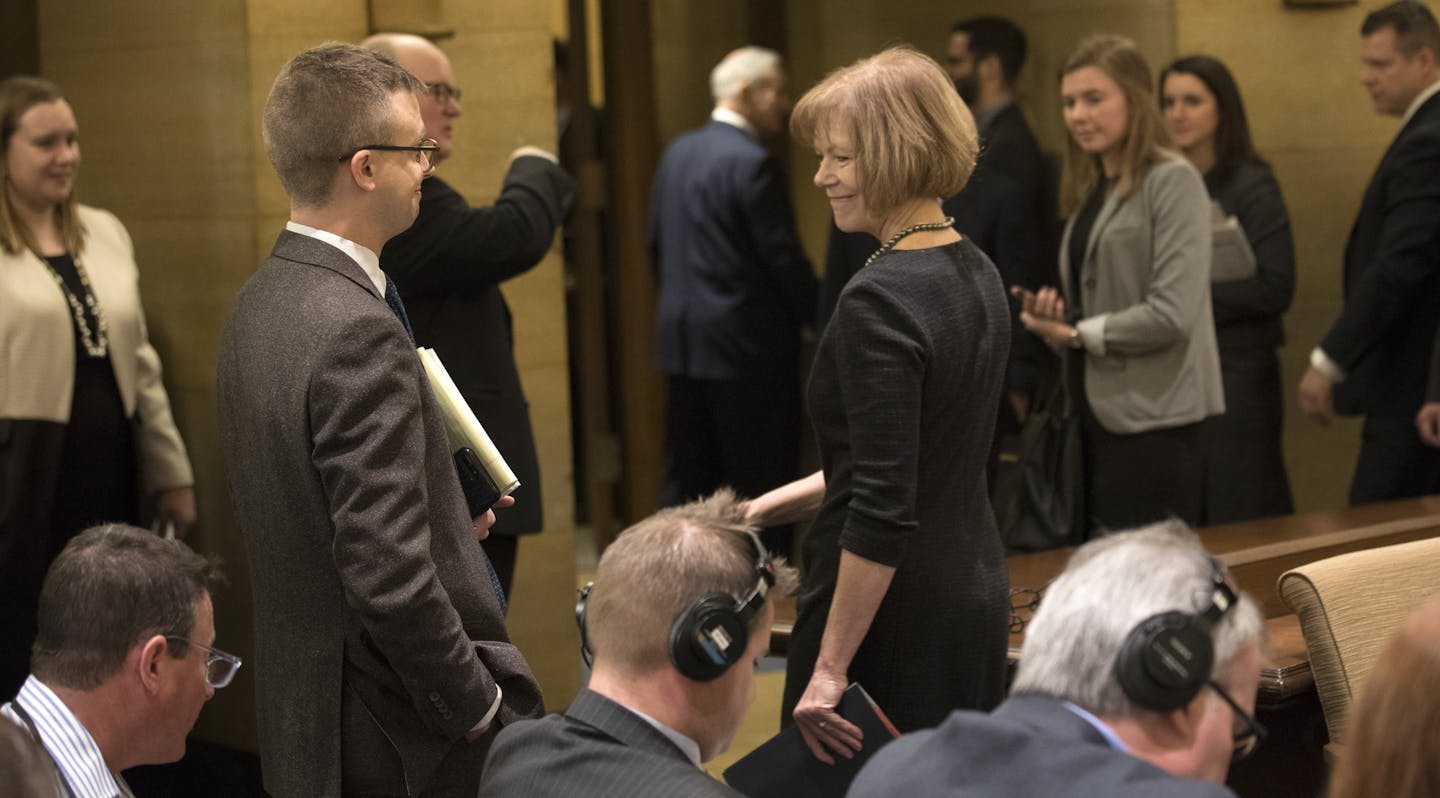 DFL Gov. Mark Dayton on Wednesday appointed Lt. Gov. Tina Smith to the U.S. Senate, where she&#xed;ll replace Sen. Al Franken. Here, Smith leaves the morning press conference that was packed with media. ] BRIAN PETERSON &#xef; brian.peterson@startribune.com
St. Paul, MN 12/13/2017