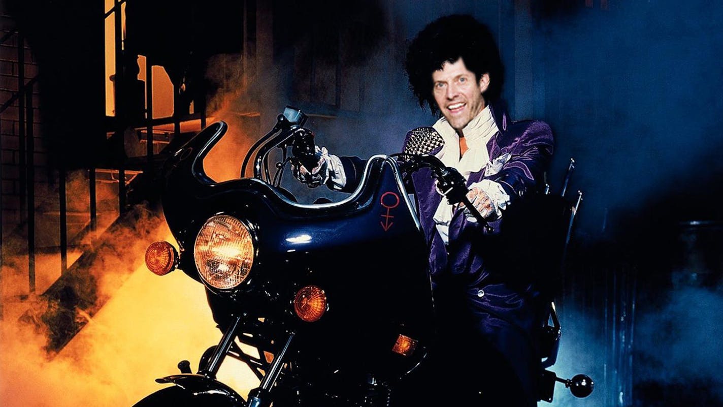 A Photoshopped Erik Stolhanske into the picture of Prince on his motorcycle.