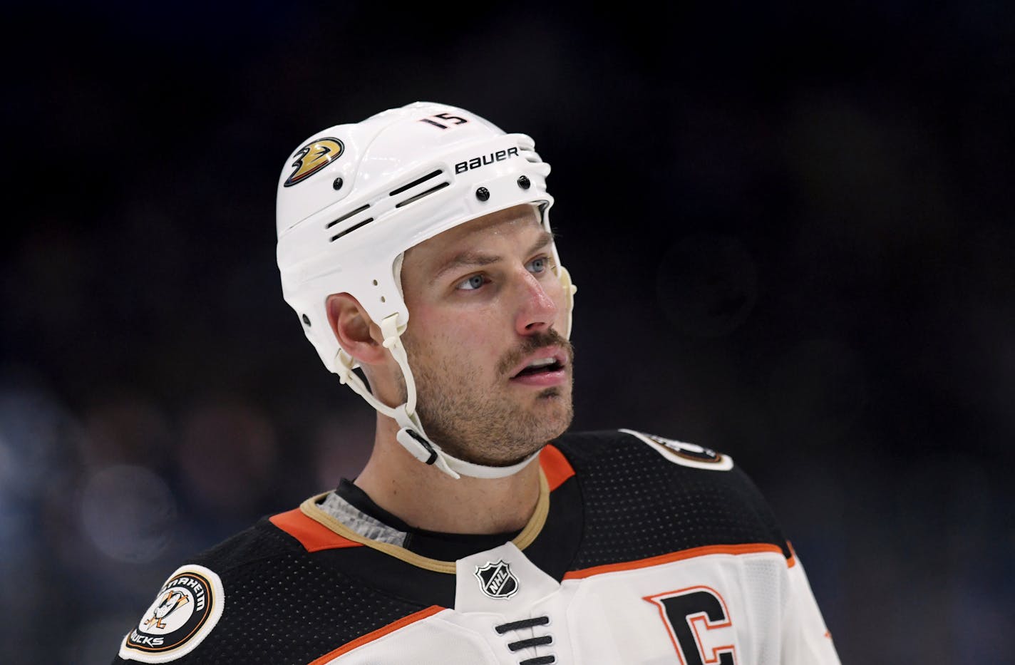 Anaheim Ducks center Ryan Getzlaf (15) an NHL hockey game against the Tampa Bay Lightning Saturday, Nov. 23, 2019, in Tampa, Fla. (AP Photo/Jason Behnken)