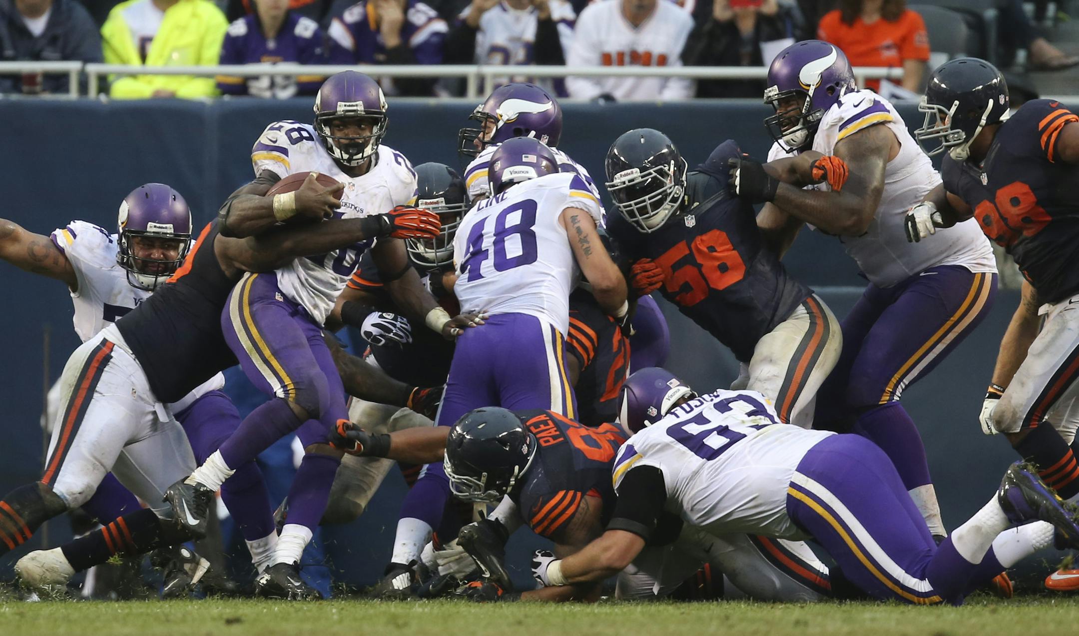 The Minnesota Vikings lost to the Chicago Bears 31-30 at Soldier Field in Chicago on a rainy Sunday afternoon, September 15, 2013. Minnesota Vikings running back Adrian Peterson (28) was stopped at the Chicago four yard line on third down in the fourth quarter. The Vikings kicked a field goal on the next play. ] JEFF WHEELER ‚Ä¢ jeff.wheeler@startribune.com