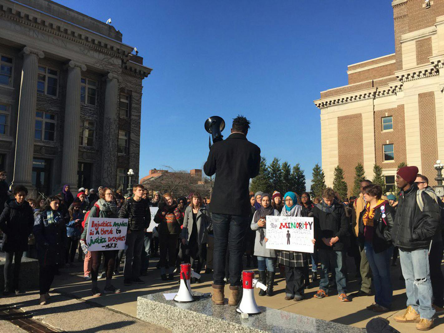 Javaris Bradford speaks at a rally at U of M on Tuesday, Nov. 24, 2015, in support of Black Lives Matter Minneapolis. The group from the U will join a rally at the Minneapolis Fourth Precinct later today.