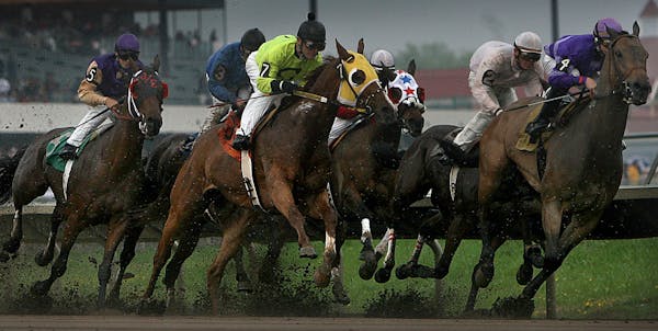 JIM GEHRZ &#x2022; jgehrz@startribune.com
Shakopee/May 2007/1:35PM
Mud flies in the air as horses and jockeys round the first turn during the first ho
