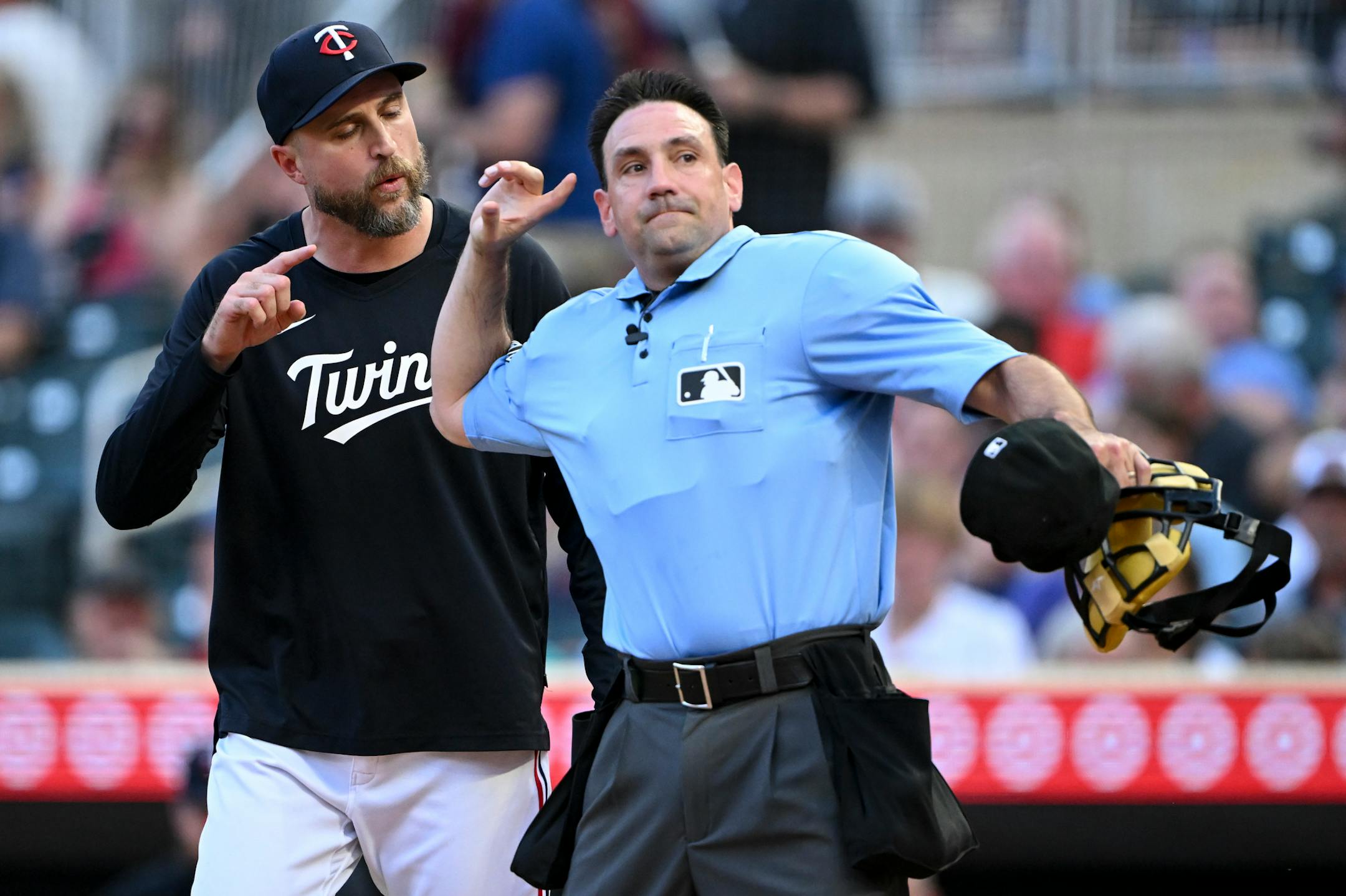 Minnesota Twins manager Rocco Baldelli (5) is ejected by umpire David Rackley (86) in the top of the fifth inning against the Boston Red Sox Wednesday, June 21, 2023, at Target Field in Minneapolis, Minn.