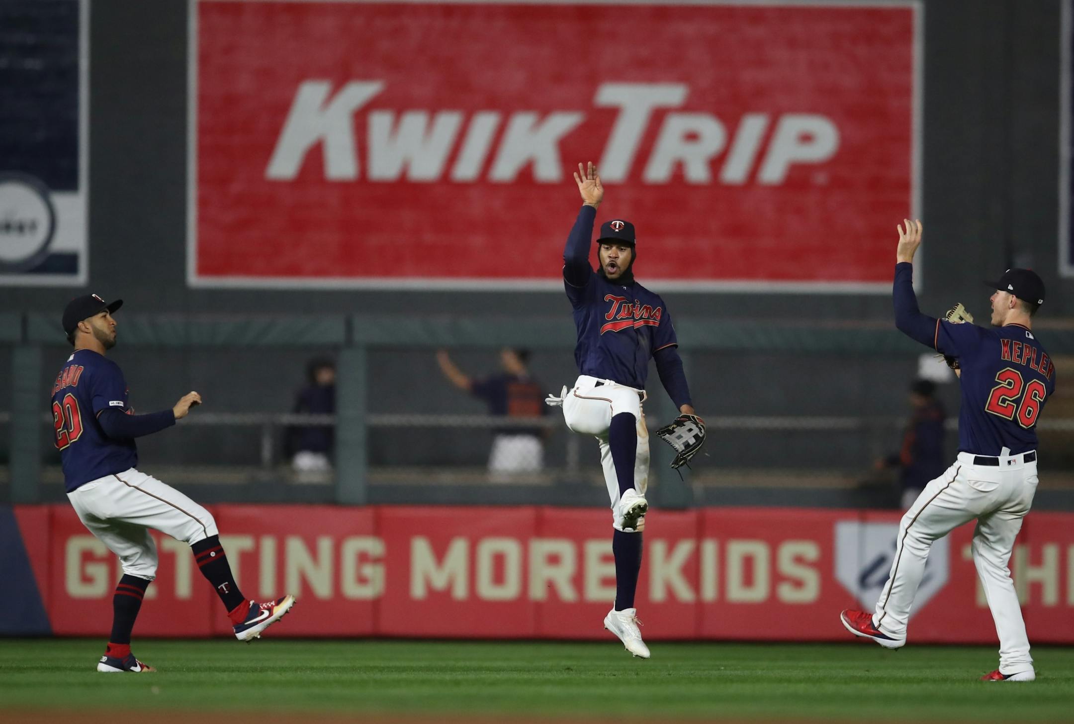 Twins outfielders Eddie Rosario, left Byron Buxton and Max Kepler celebrated a win at Target Field Wednesday May1, 2019 in Minneapolis, MN.