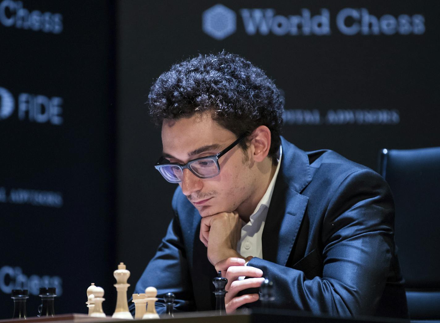 American chess Grandmaster Fabiano Caruana concentrates during a match against Azerbajan's Shakhriyar Mamedyarov.