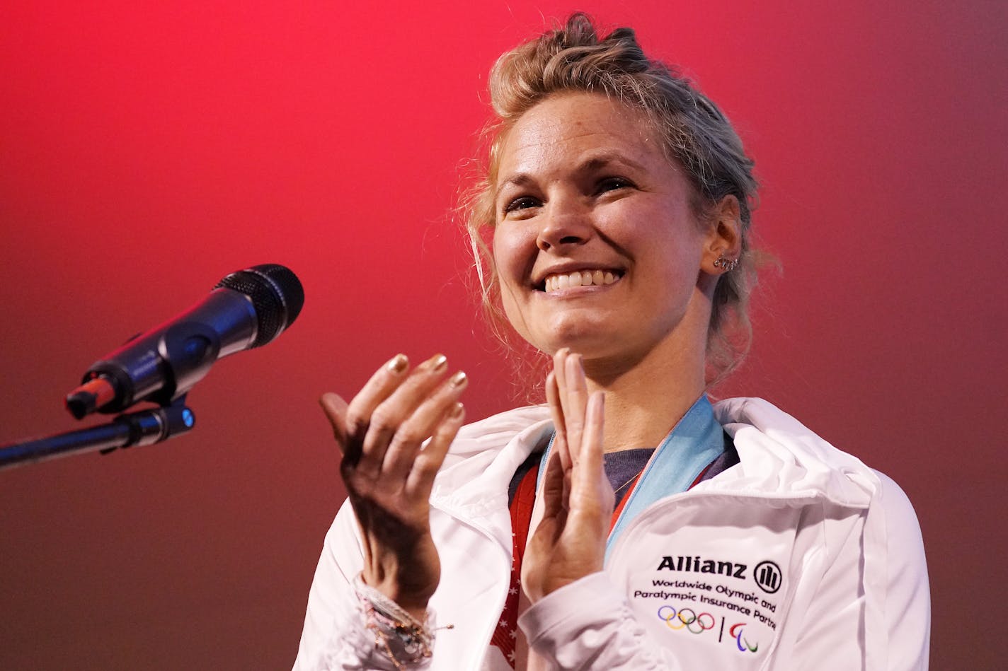 Local Olympian Jessie Diggins, who won a Silver medal in the Women's Freestyle, and a Bronze medal in the Women's Sprint cross country skiing events at the 2022 Winter Olympics, took questions from fans during a reception for her Saturday, April 2, 2022 at Town Square Park in Afton, Minn. ] ANTHONY SOUFFLE • anthony.souffle@startribune.com