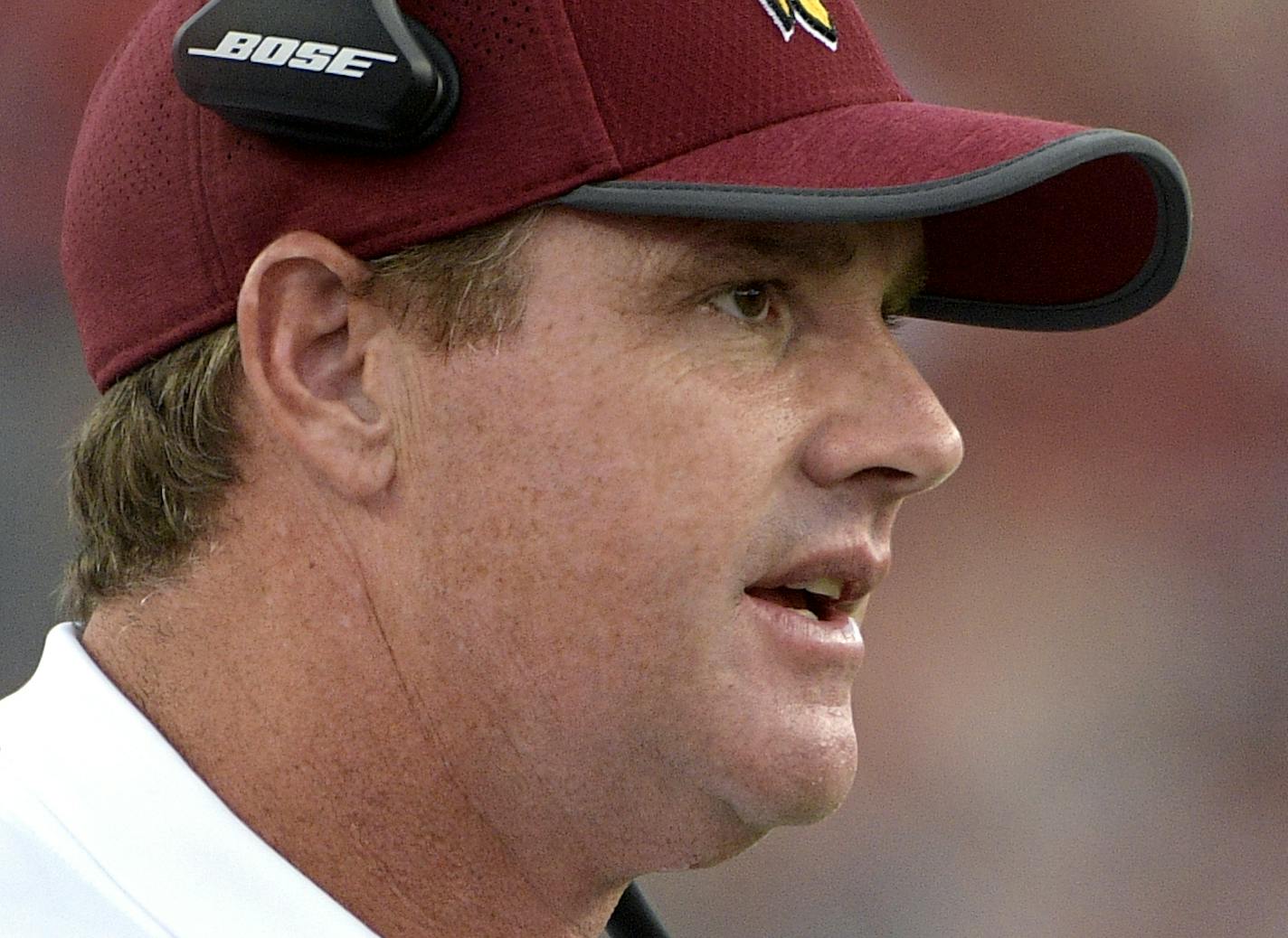 Washington Redskins head coach Jay Gruden watches from the sideline during the first half of an NFL preseason football game against the Tampa Bay Buccaneers Thursday, Aug. 31, 2017, in Tampa, Fla. (AP Photo/Phelan M. Ebenhack)