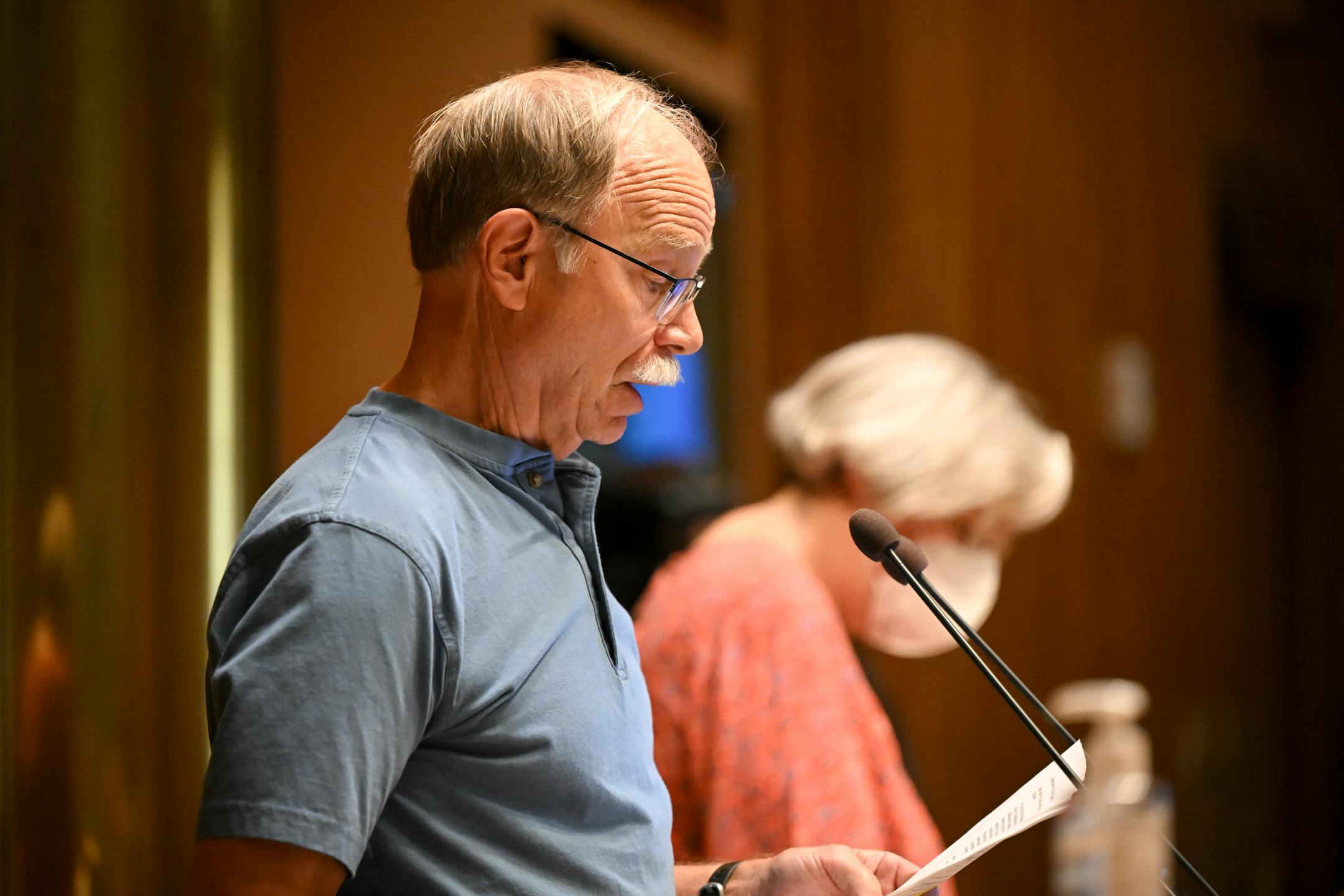 Community member Duane Johnson, of Ward 4, speaks against a package of amendments to the St. Paul rent control laws during a city council meeting.