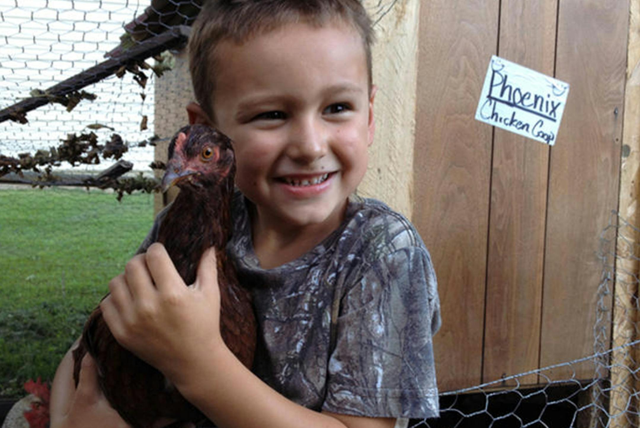 Phoenix Turnbull, 5, holds one of his pet chickens in his family‚Äôs backyard in Atwater. The town‚Äôs police chief killed one of the boy‚Äôs chickens last month, next to the coop, in response to a complaint that the chicken had been running loose in the neighborhood. The city‚Äôs ordinance prohibits having poultry, but the family said the police action went too far. Tribune photo by Carolyn Lange