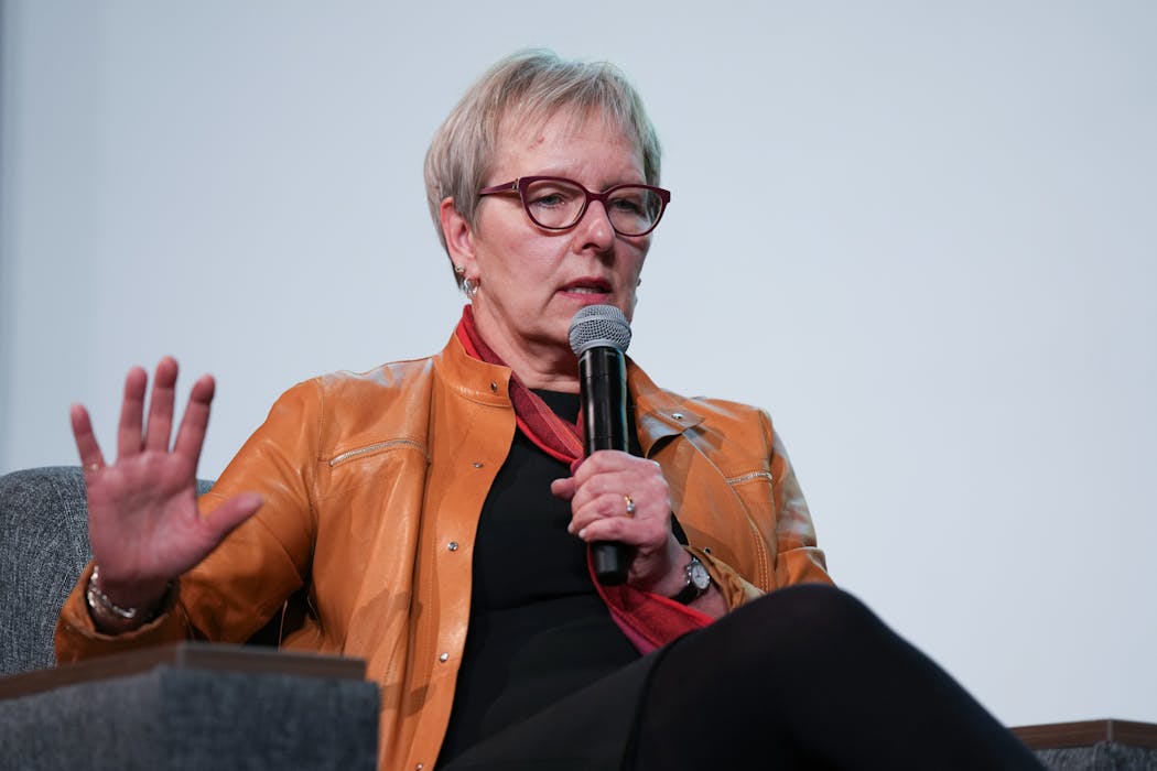 Laura Bloomberg, one of three finalists in the running to become the next University of Minnesota president, spoke at Coffman Union at the University of Minnesota.