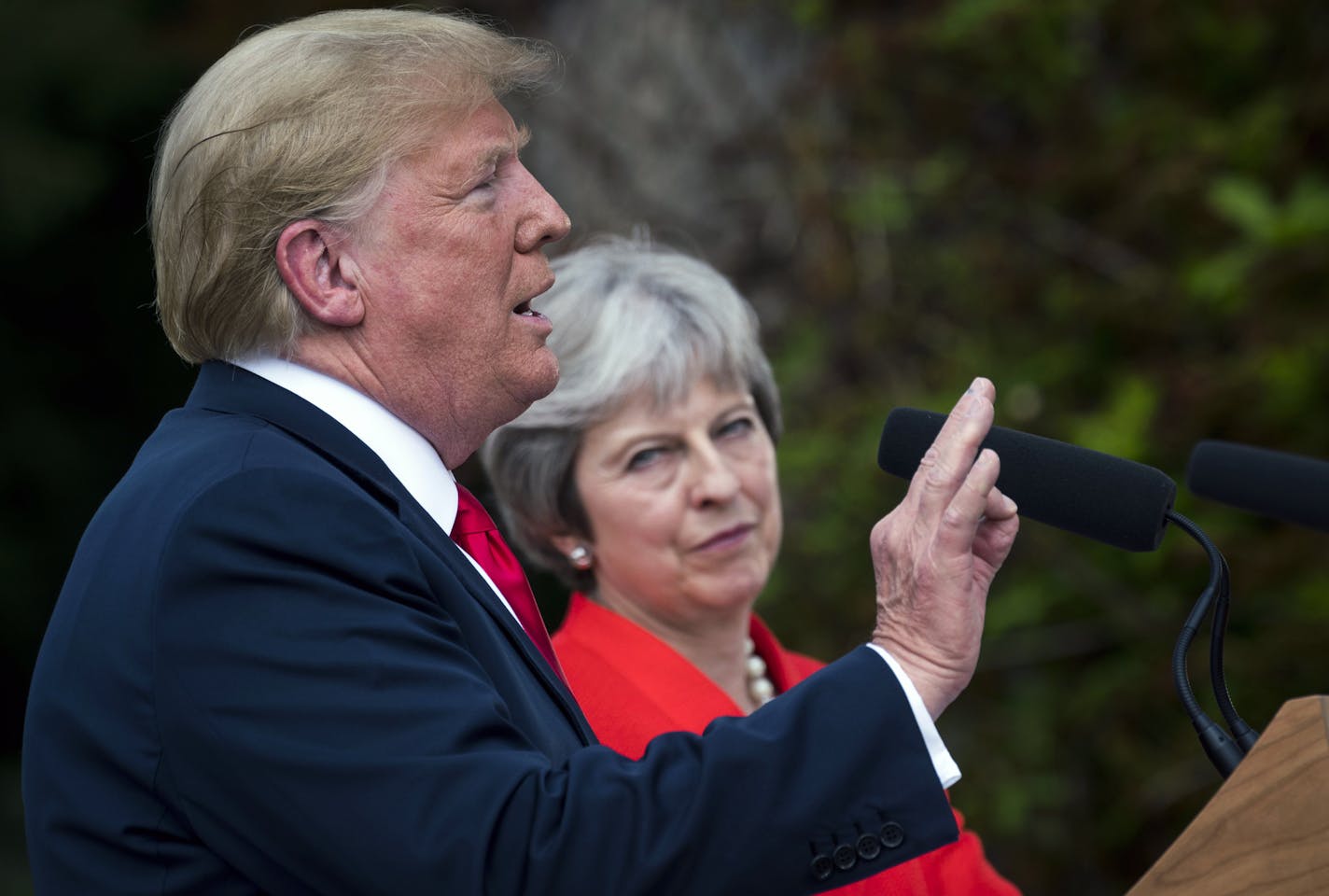 President Donald Trump and Prime Minister Theresa May of Britain during a joint news conference at Chequers, the prime minister's country residence in Buckinghamshire, England, on Friday, July 13, 2018. Trump and May worked to avoid a political crisis after a bombshell interview in which Trump criticized the British leader on several fronts, most notably her approach to the British withdrawal from the European Union. (Doug Mills/The New York Times)