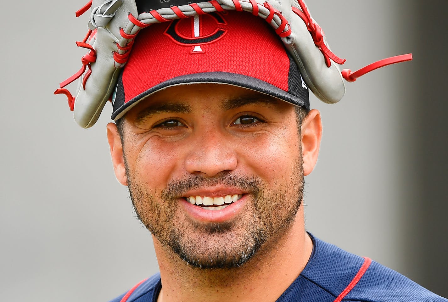 Minnesota Twins starting pitcher Hector Santiago (53) wore his glove on his head as he walked out to the backfields for a warmup Thursday at the start of workouts. ] AARON LAVINSKY &#xef; aaron.lavinsky@startribune.com Minnesota Twins pitchers and catchers took part in Spring Training on Wednesday, Feb. 15, 2017 at CenturyLink Sports Complex in Fort Myers, Fla.