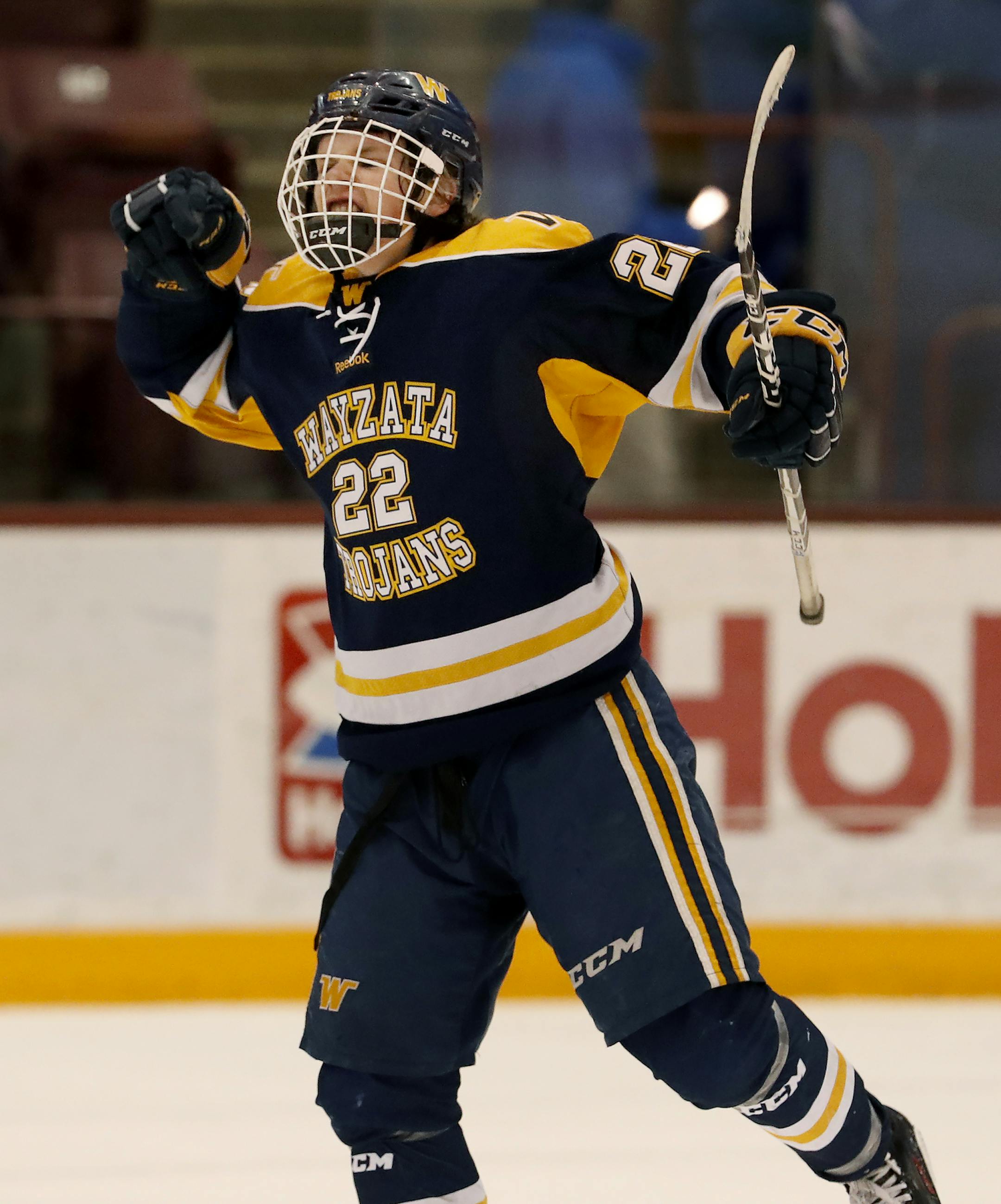 Griffin Ness (22) of Wayzata celebrated after scoring an empty net goal in the third period. Wayzata beat Edina 3-1. ] CARLOS GONZALEZ &#xef; cgonzalez@startribune.com - March 1, 2017, Minneapolis, MN, Mariucci Arena, High School / Prep Boys Hockey Section 6AA Finals; Edina vs. Wayzata