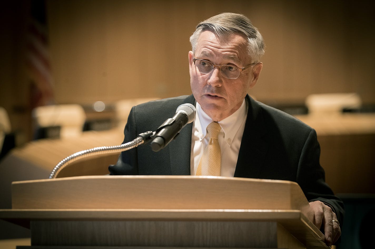 University of Minnesota Board of Regents Chair Dean Johnson addressed the media regarding the unofficial inquiry into a reported leak of confidential information at the McNamara Center, Thursday, May 11, 2017 in Minneapolis, MN.