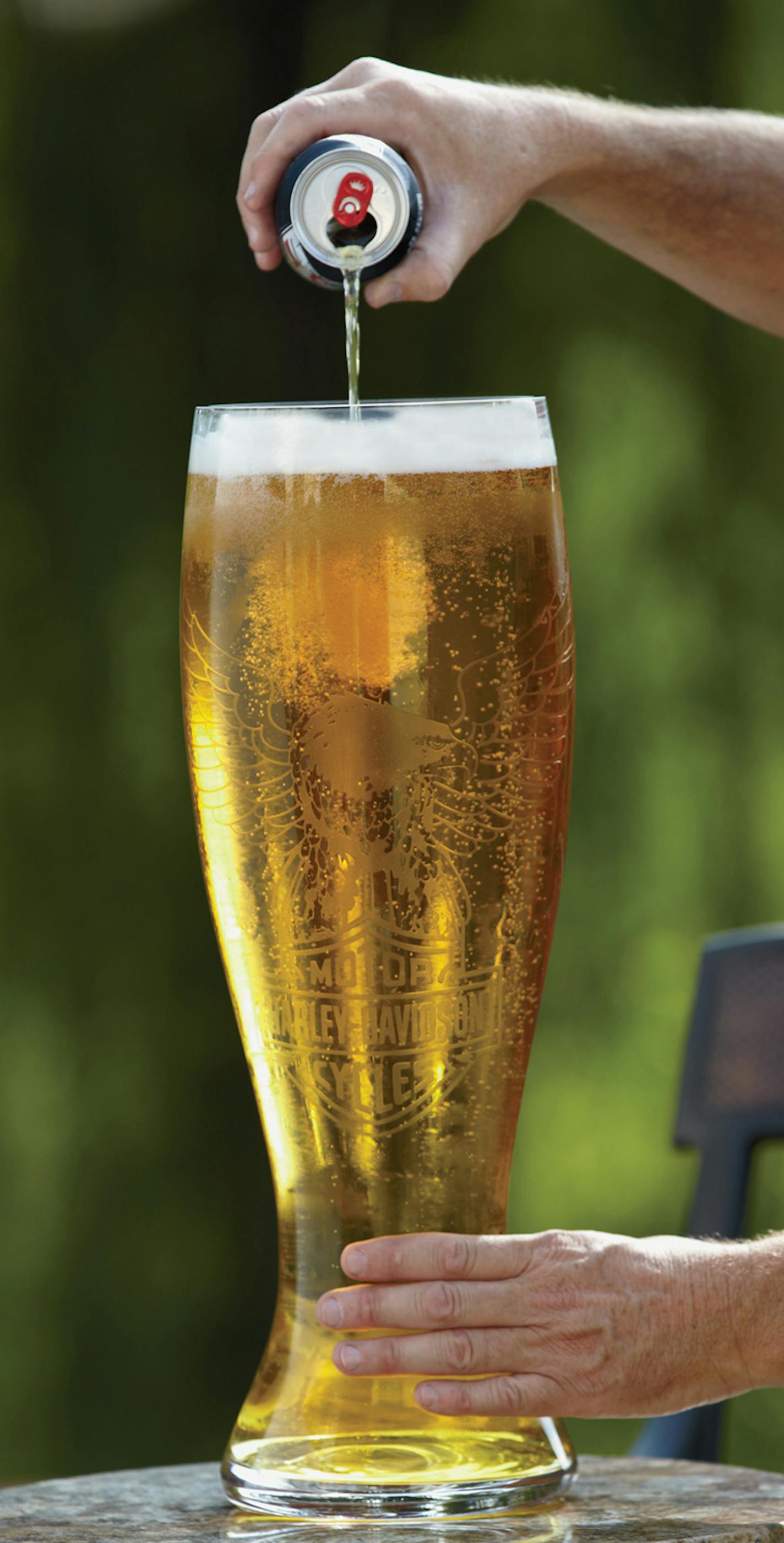 The Harley Davidson 7-liter Pilsner glass is $80, which holds nearly 18 cans and stands nearly 20-inches tall.