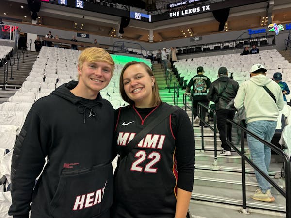 Elliot Berkland and Kali Garman from Cedar Falls, Iowa, attended Saturday night’s Wolves-Heat game to watch Jimmy Butler, but the Miami star sat out
