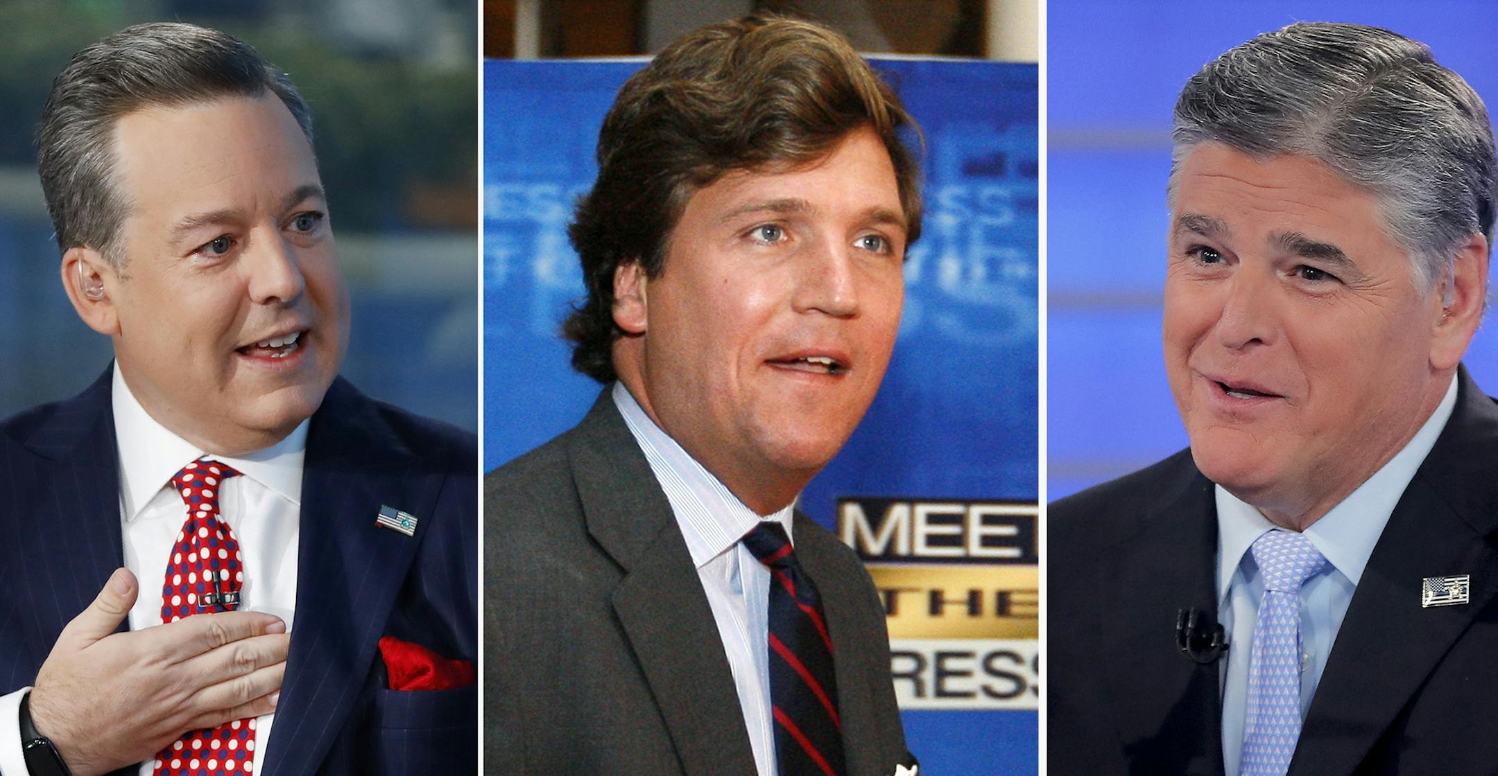 In this combination photo, Ed Henry, from left, speaks on "Fox & Friends" on Sept. 6, 2019, in New York, Tucker Carlson arrives for the 60th anniversary celebration of NBC's Meet the Press on Nov. 17, 2007, in Washington and Sean Hannity interviews Roseanne Barr during a taping of his show on July 26, 2018, in New York. Two women filed a lawsuit against Fox News that named network stars Hannity, Carlson and Ed Henry. (AP Photo)