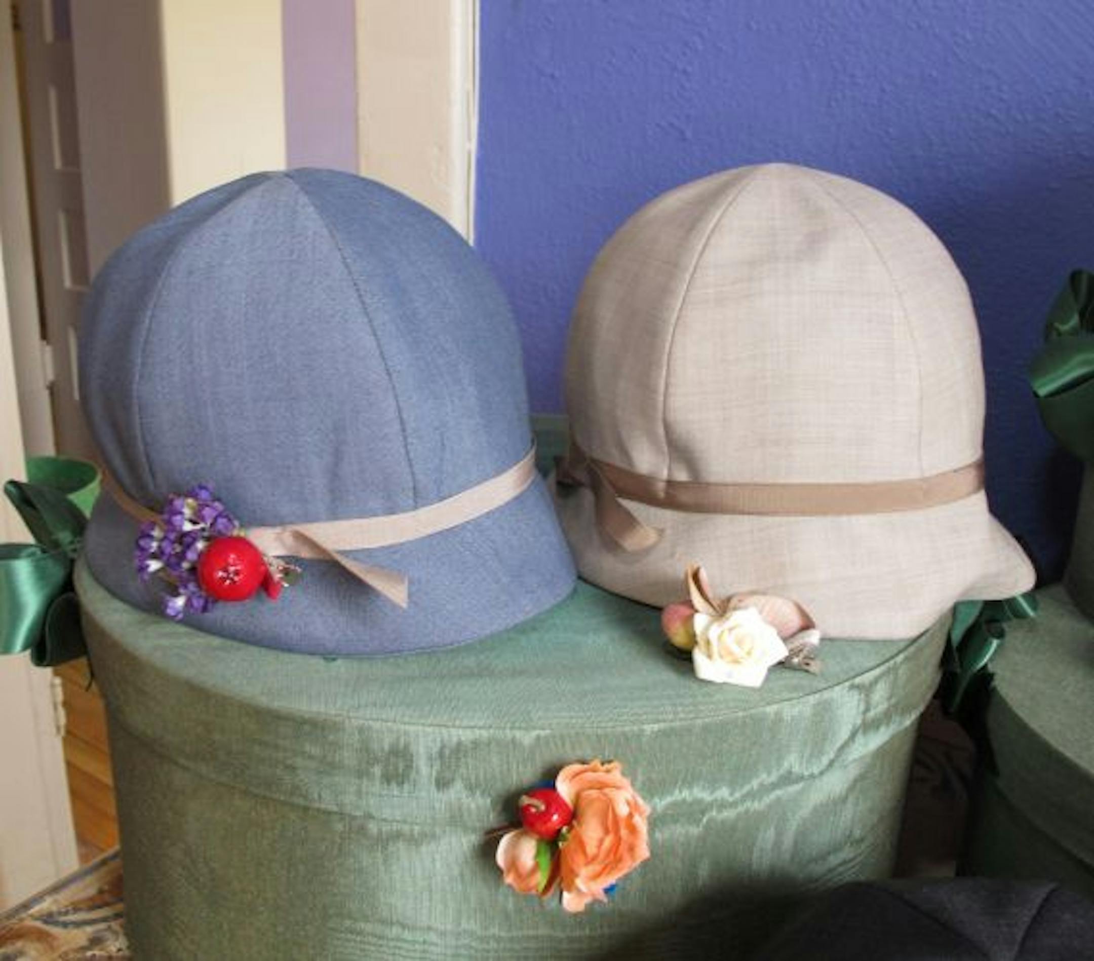 Kitchen by Nime hats ($70) made from Ermenegildo Zegna fabric that protects you from the sun with flower pins ($14 each) from C'est Chic.