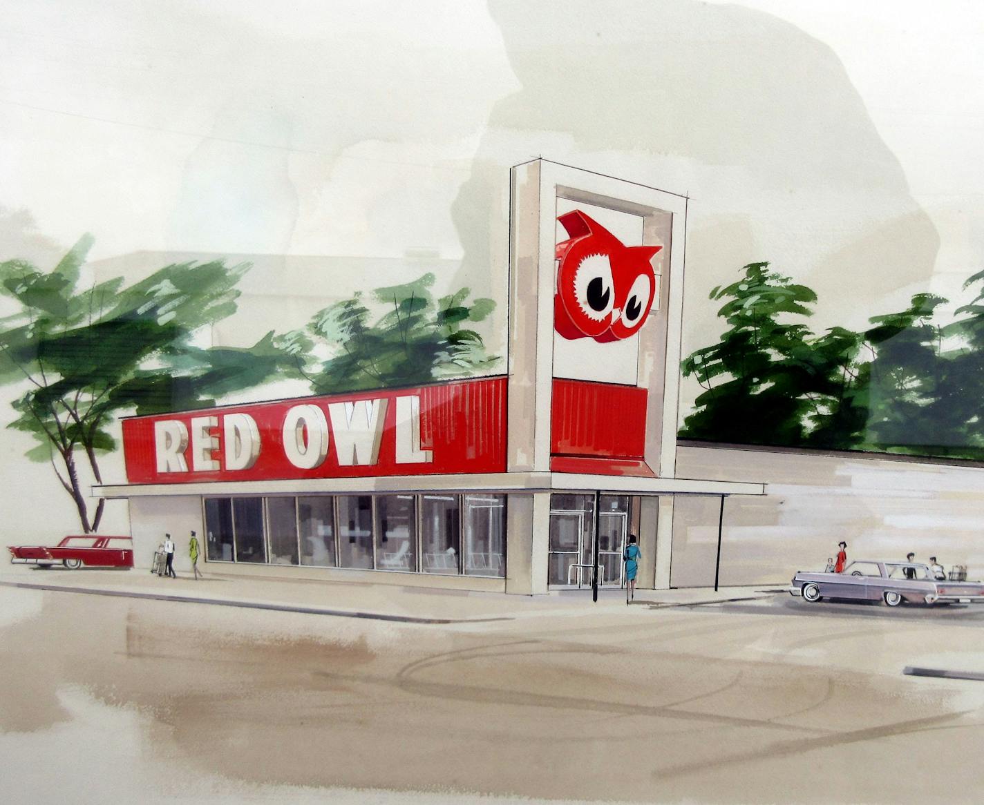 Jim Pessek purchased this watercolor of a city store prototype from a person who rescued it from a dumpster in the Red Owl distribution center in Fargo in the late 1980s.