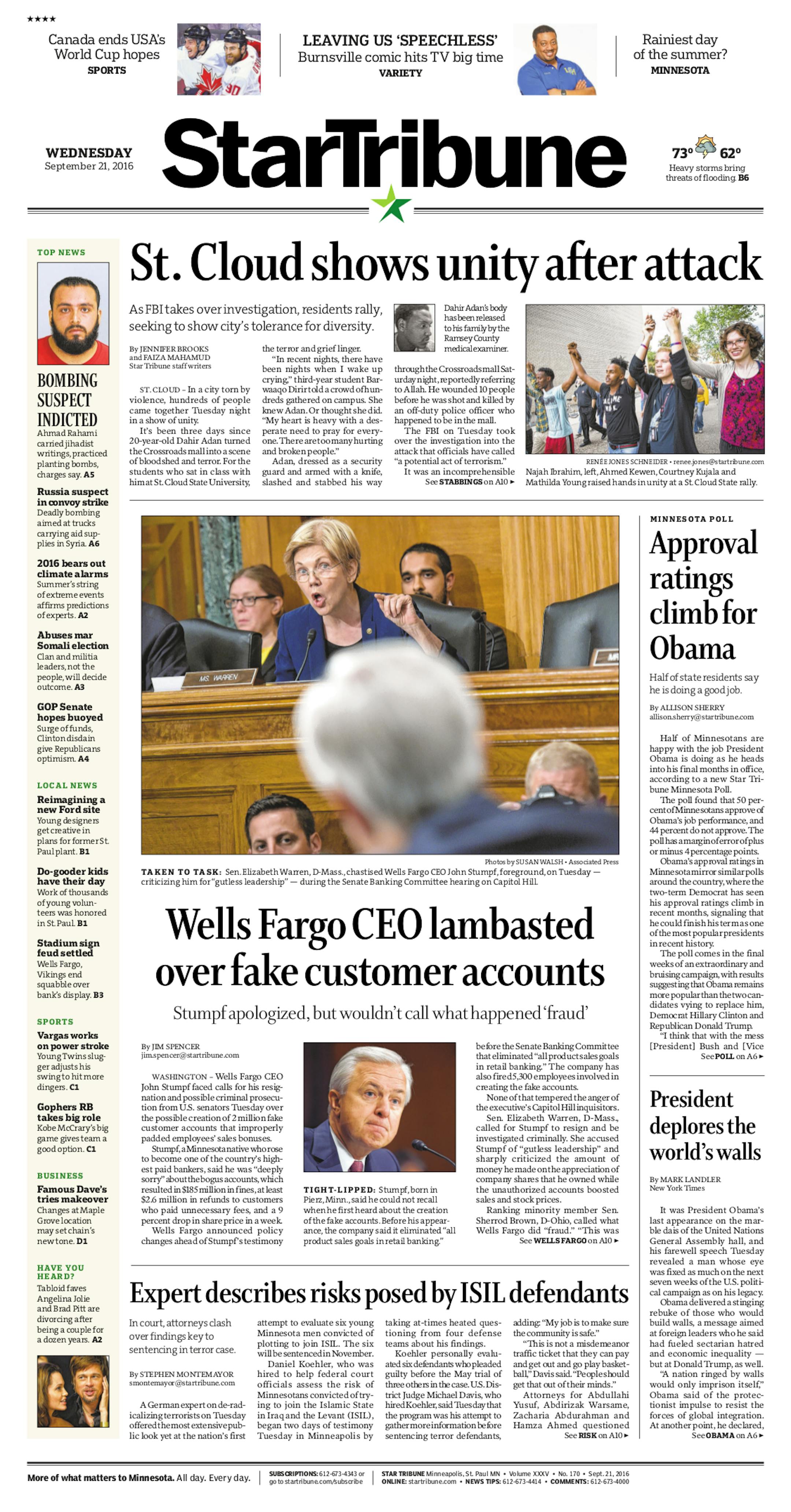 Here is a front page from the Star Tribune's print edition in the wake of a stabbing attack at a mall in St. Cloud.