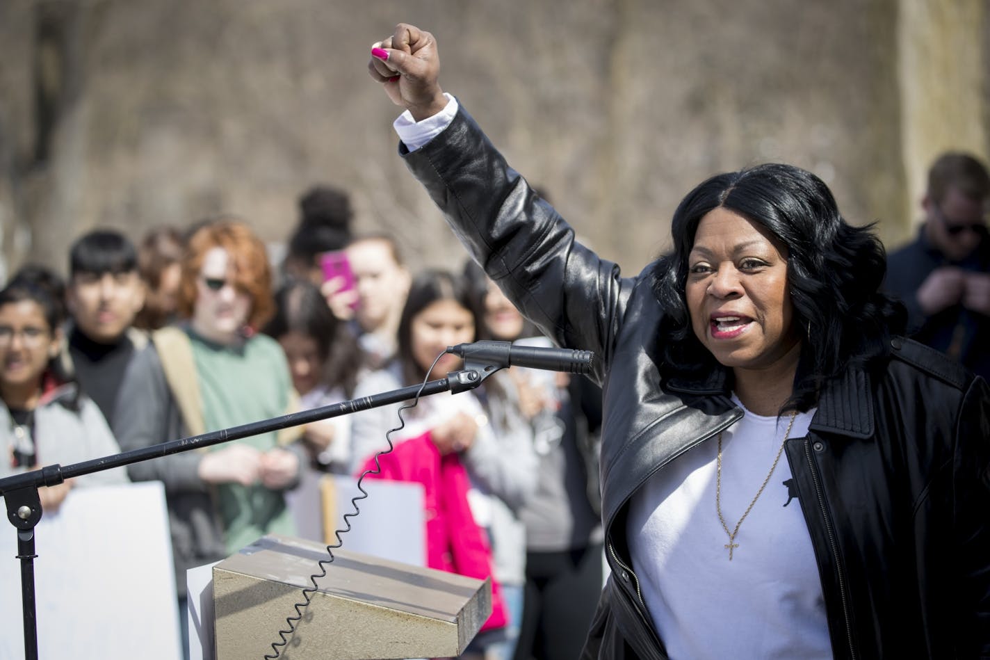 Valerie Castile, mother of Philando Castile, spoke to Highland Park Senior High students during a walkout on the 19th anniversary of the Columbine school shooting on Friday, April 20, 2018 in St. Paul, Minn.