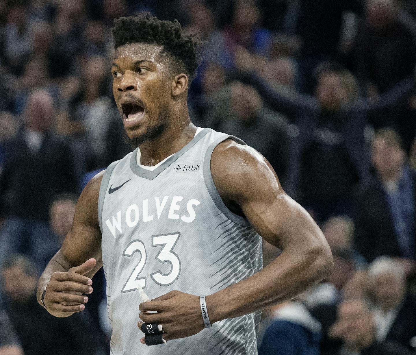 Minnesota Timberwolves Jimmy Butler reacted after being called for a foul in the fourth quarter. ] CARLOS GONZALEZ &#xef; cgonzalez@startribune.com &#xf1; April 11, 2018, Minneapolis, MN, Target Center, NBA, Basketball, Minnesota Timberwolves vs. Denver Nuggets