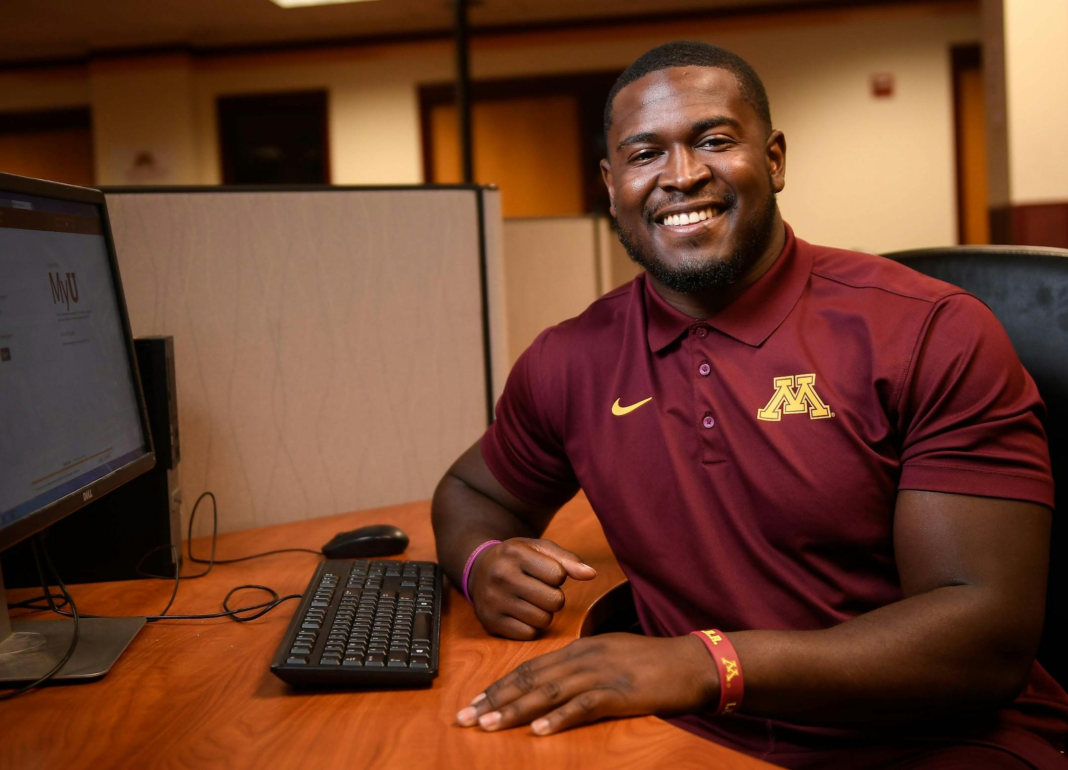 Johnathan Celestin sat for a portrait Thursday in the Bierman Academic Center. ] AARON LAVINSKY ï aaron.lavinsky@startribune.com Feature story on U athletic academic success. The story is told through the eyes of Jonathan Celestin, a football player. We photograph Celestin on Thursday, July 27, 2017 at the Bierman Academic Center at the University of Minnesota in Minneapolis.
