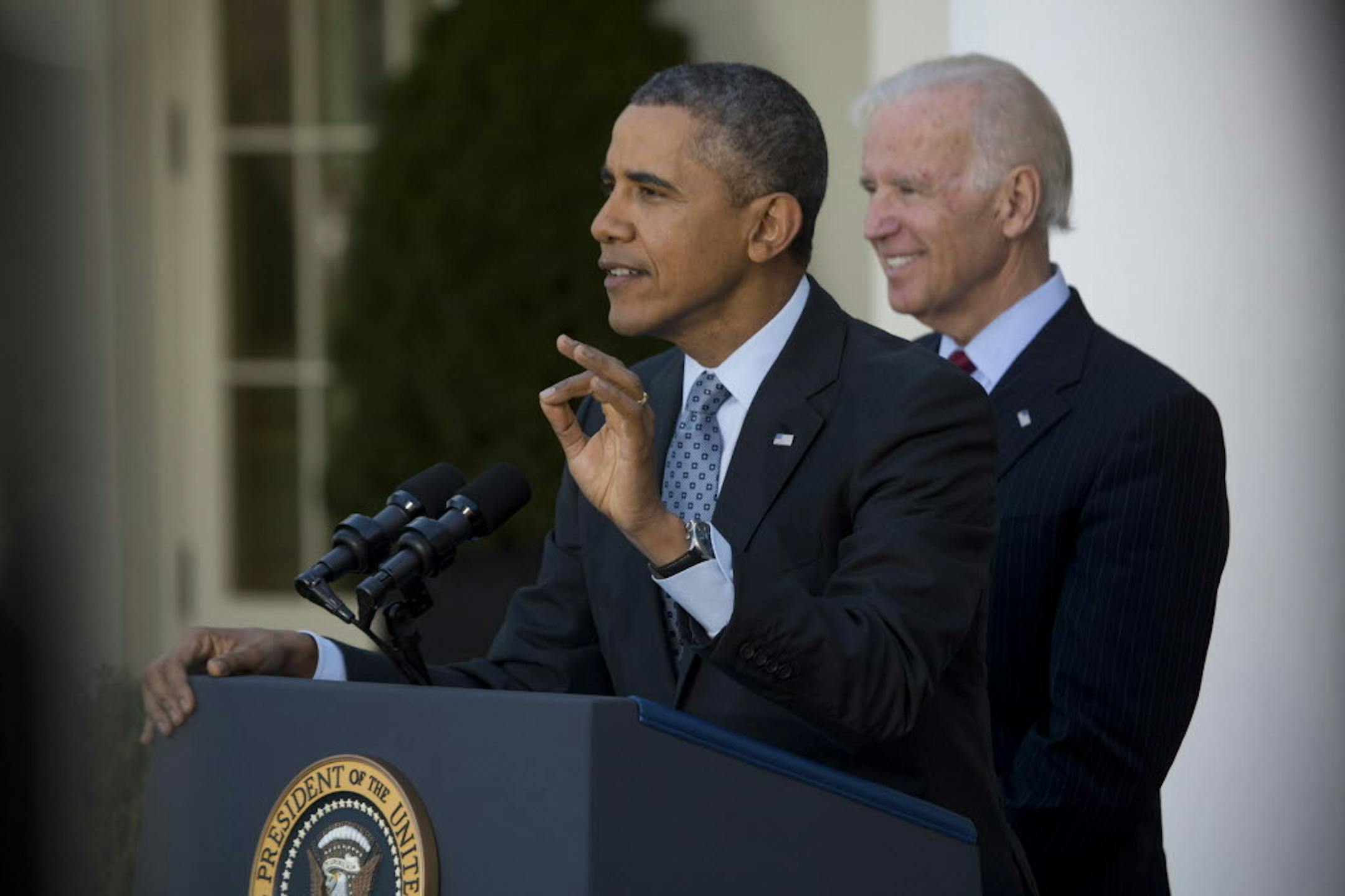 April 1, 2014: President Barack Obama speaks about the Affordable Care Act as Vice President Joe Biden looks on in the Rose Garden of the White House in Washington.