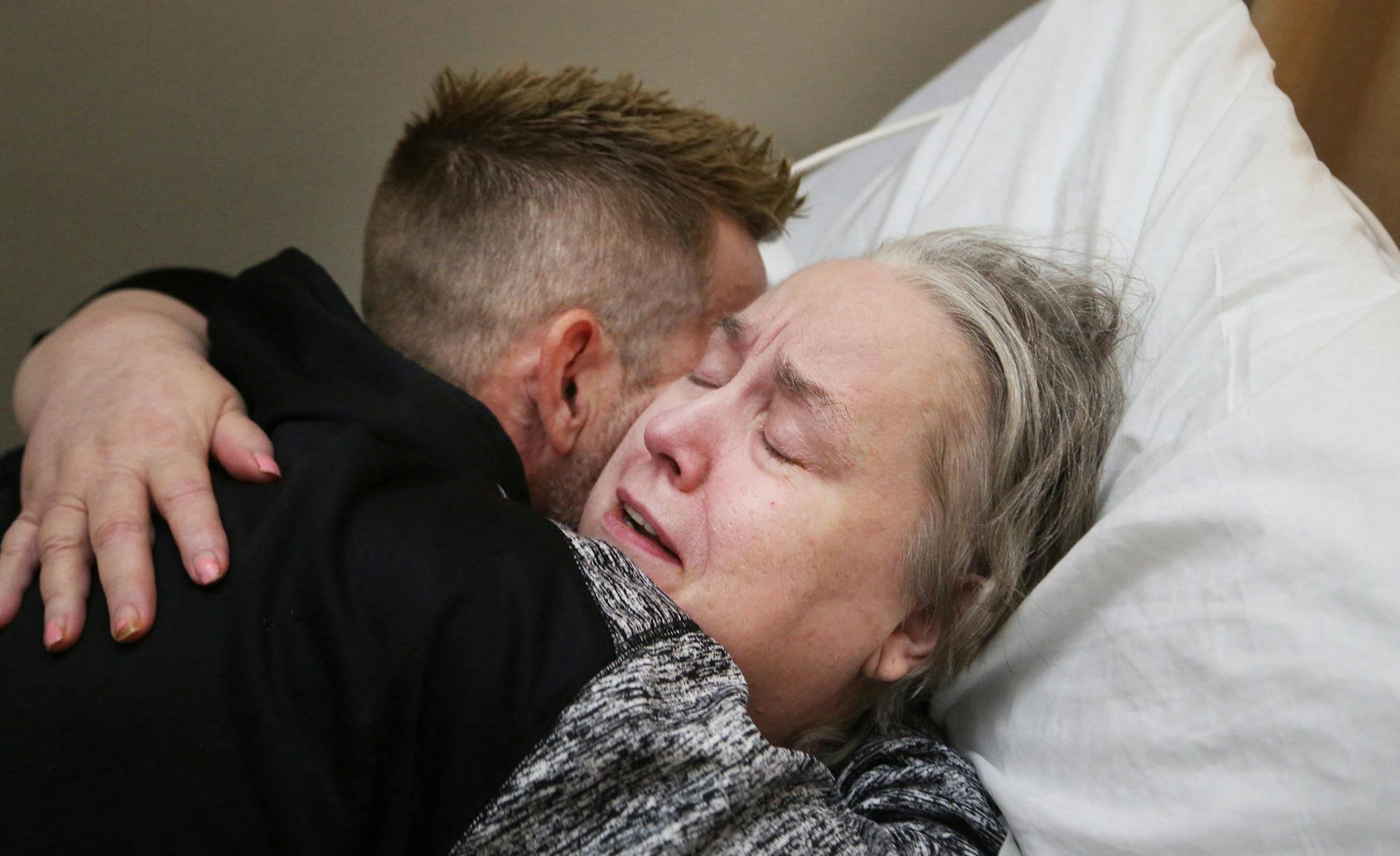 Kent Edwards, an amateur boxer, struggles to get justice for his mother, Suzanne Edwards, who was emotionally and psychologically abused at an assisted-living facility in Lino Lakes. Time and again, he has been denied basic information by the facility and the state about his mother&#xed;s case, despite disturbing surveillance video showing his mother being screamed, yelled at and physically threatened. Here, Kent Edwards greets his mother Suzanne Edwards, 60, with a hug during one of his regular