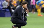 FILE - In this July 16, 2017 file photo, Matias Almeyda, head coach of Chivas de Guadalajara soccer team, watches a play in the second half of a Champ