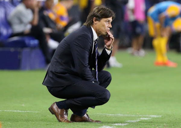 FILE - In this July 16, 2017 file photo, Matias Almeyda, head coach of Chivas de Guadalajara soccer team, watches a play in the second half of a Champ
