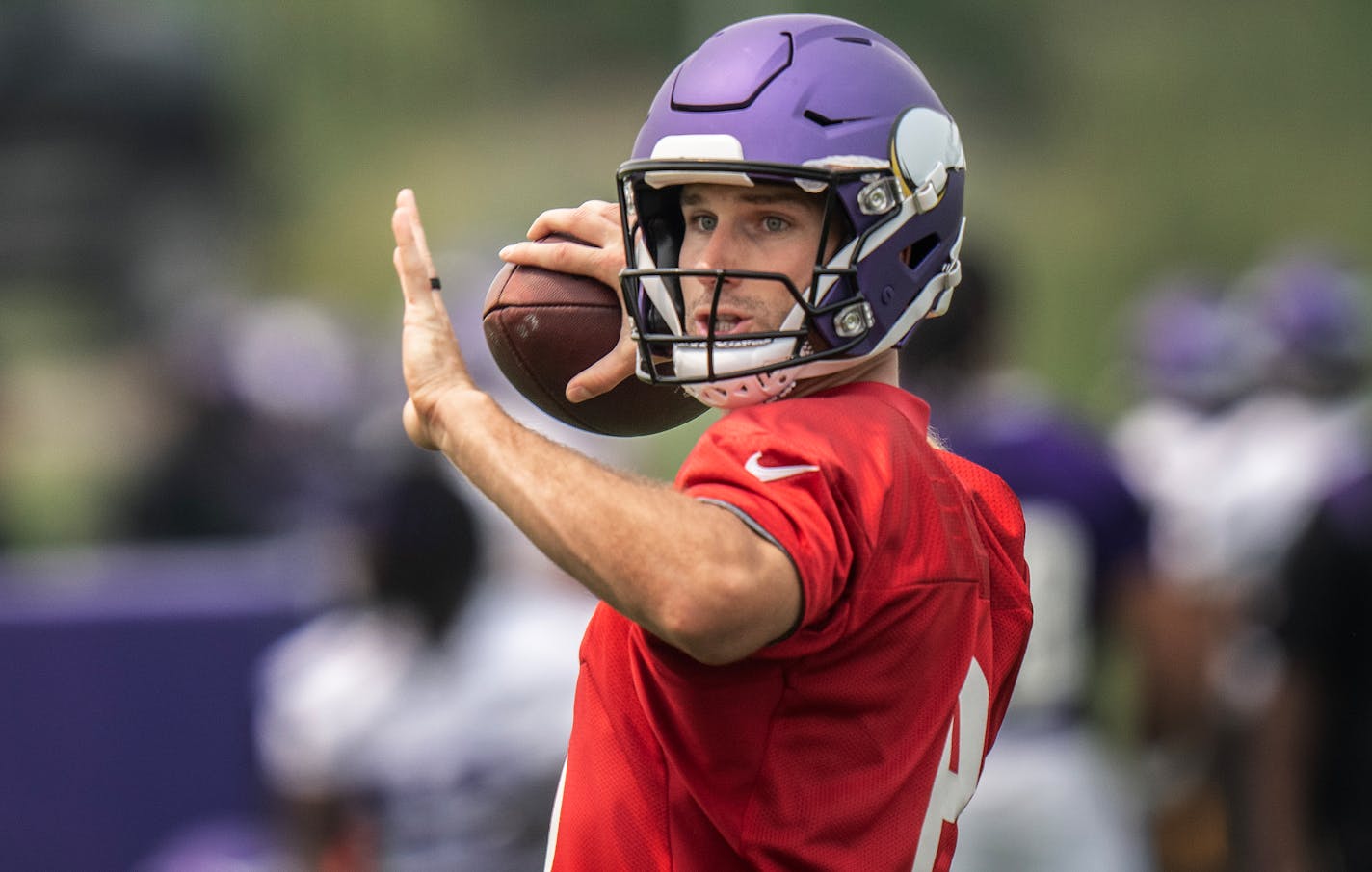 Minnesota Vikings quarterback Kirk Cousins (8) during practice Wednesday June 14,2023 in Eagan, Minn.] JERRY HOLT • jerry.holt@startribune.com