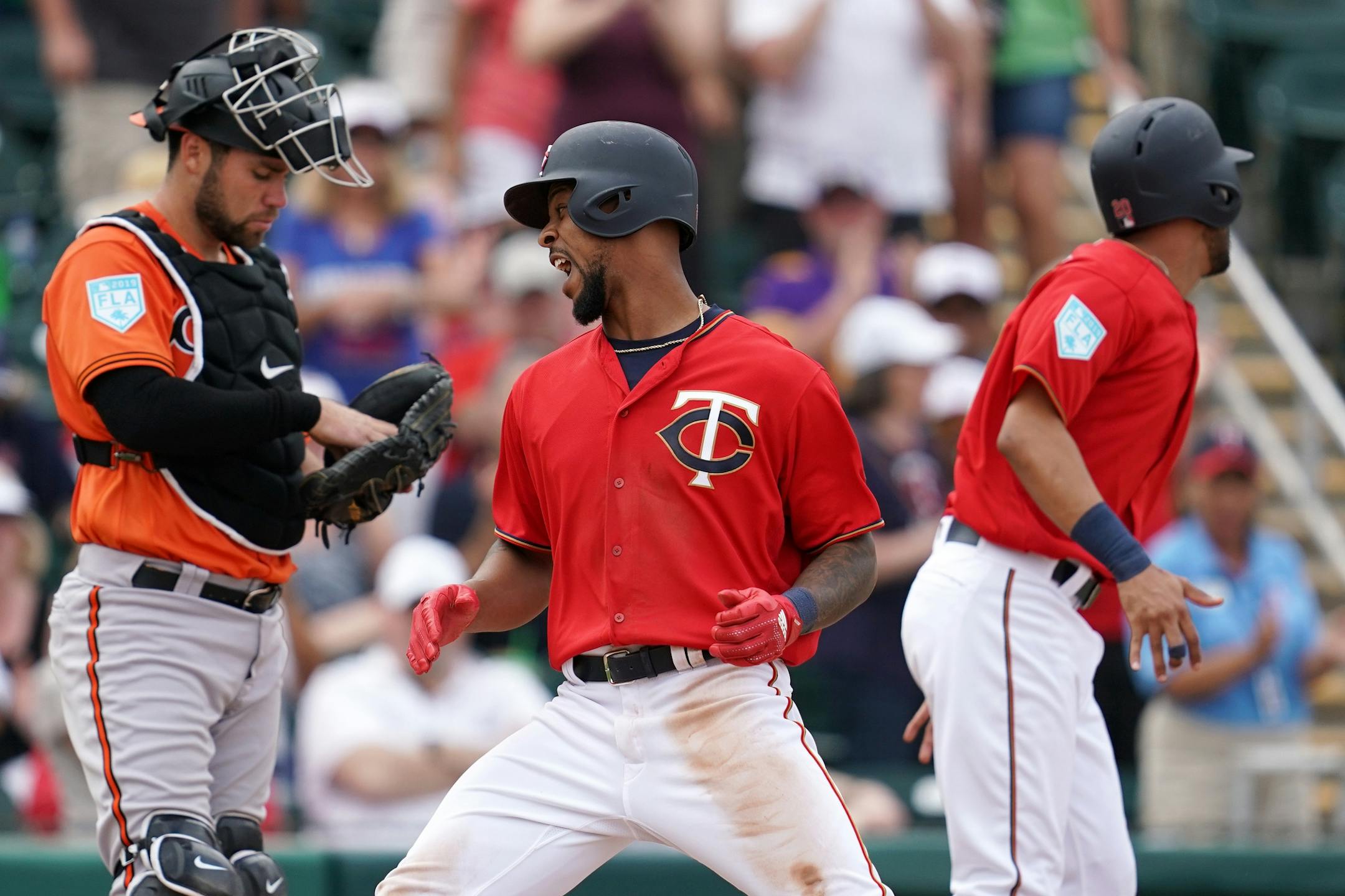 Minnesota Twins center fielder Byron Buxton (25) celebrated at home after hitting a two run home run during Monday's game against the Baltimore Orioles.