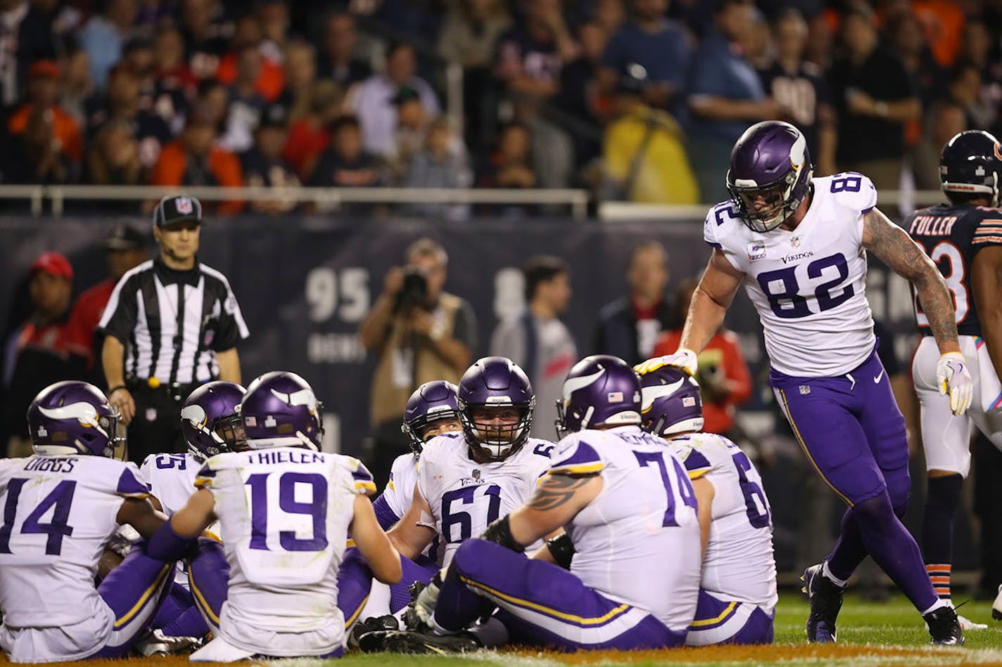 Minnesota Vikings tight end Kyle Rudolph (82) celebrated his 13 yard touchdown reception in the third quarter with a quick game of Duck, Duck, Grey Duck in the end zone.