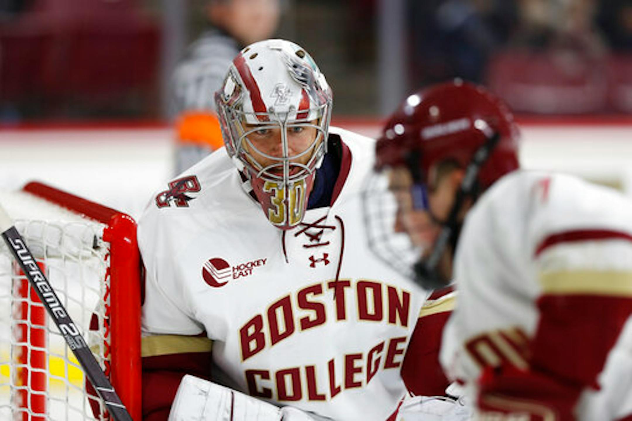 Boston College goaltender Spencer Knight during an NCAA hockey game against Wisconsin on Friday, Oct. 11, 2019 in Chestnut Hill, Mass. (AP Photo/Winslow Townson)
