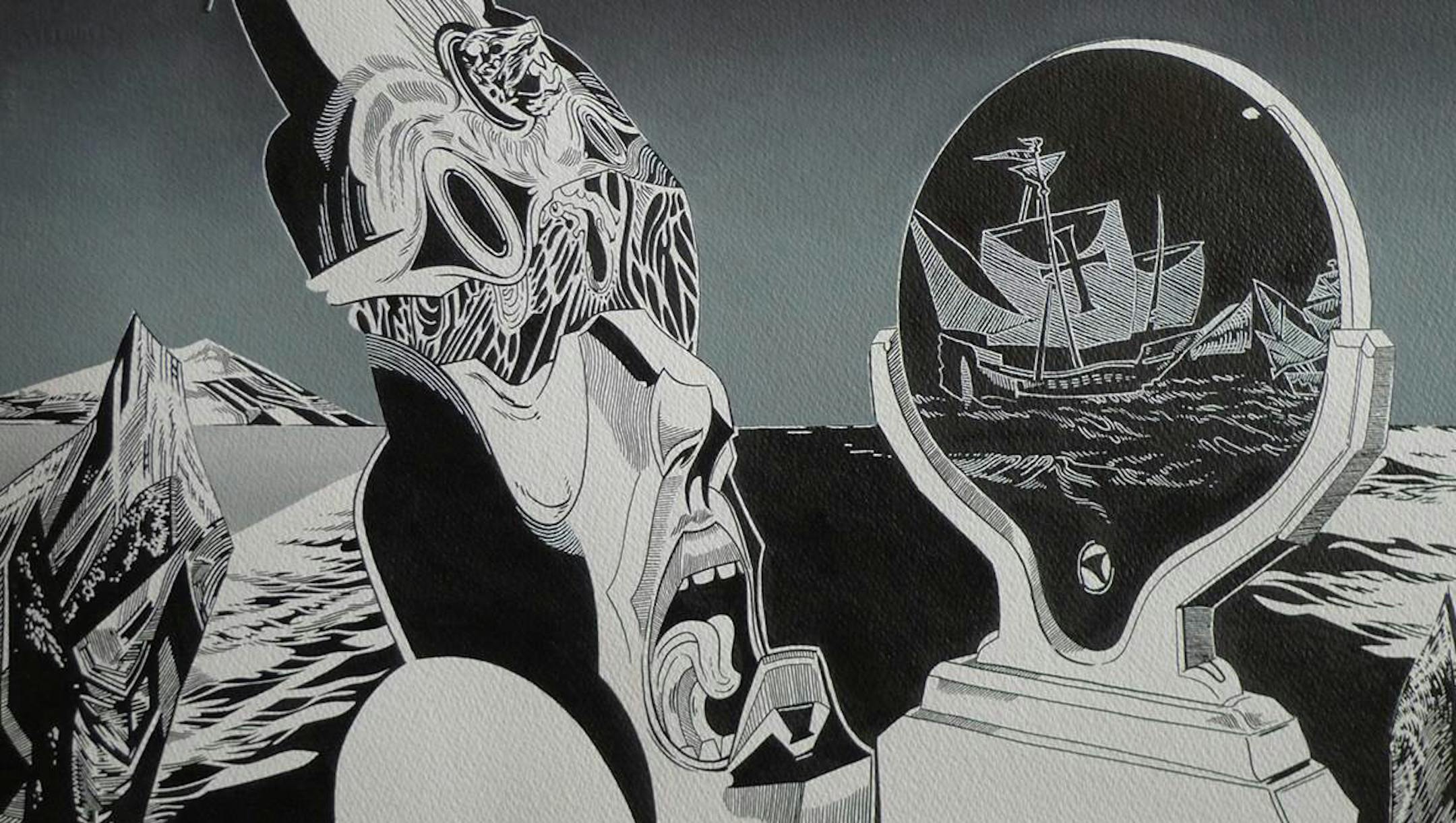 Detail from a huge, 60 panel ink-and-oil painting by Minnesota artist Andrea Carlson