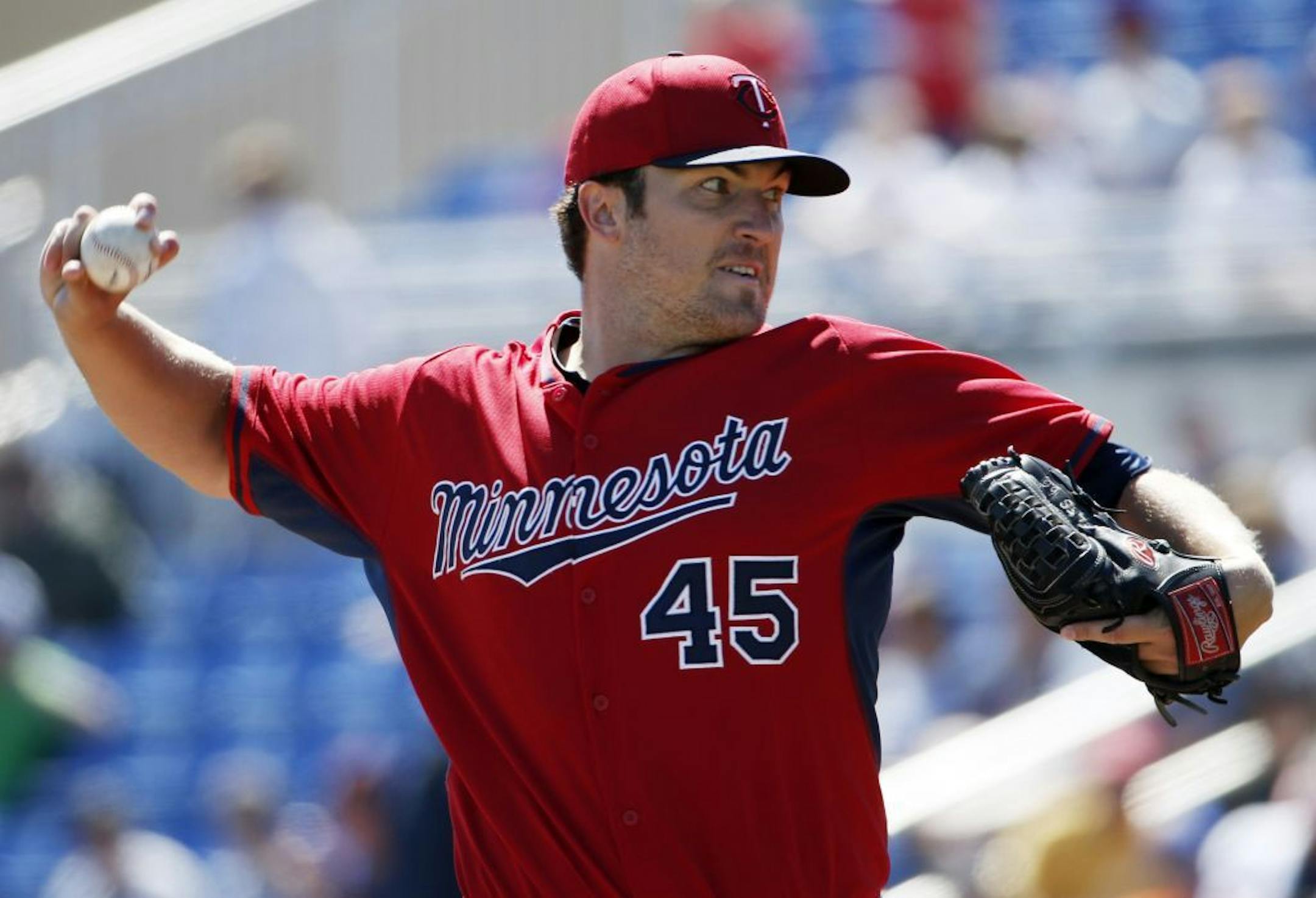 Minnesota Twins starting pitcher Phil Hughes (45) winds up in the first inning of a spring training baseball game against the Toronto Blue Jays in Dunedin, Fla., Saturday, March 8, 2014.