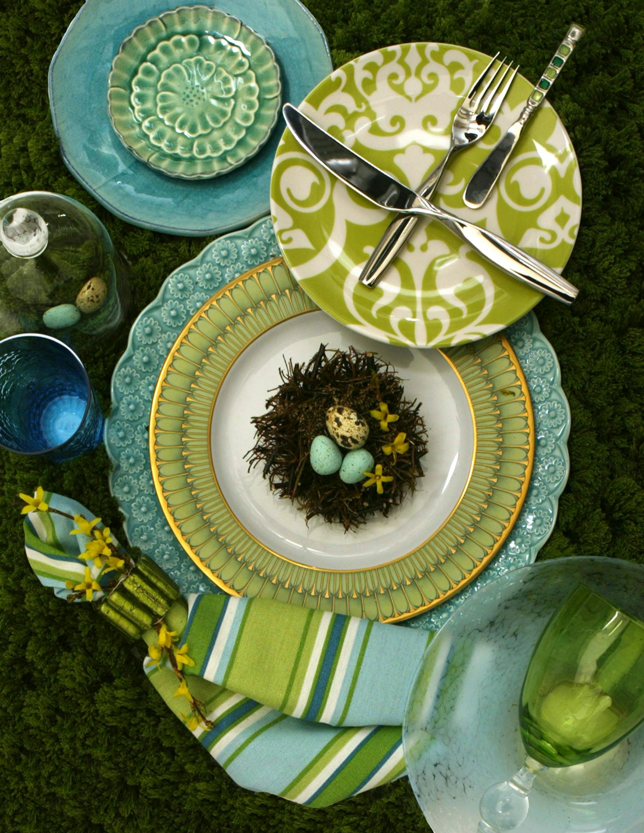 A spring tabletop of greens and blues.